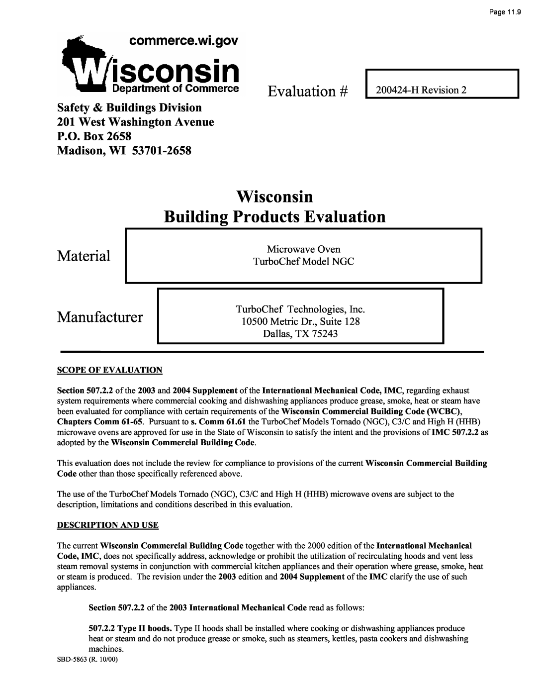 Turbo Chef Technologies Tornado Wisconsin Building Products Evaluation, Evaluation #, Material Manufacturer, Madison, WI 