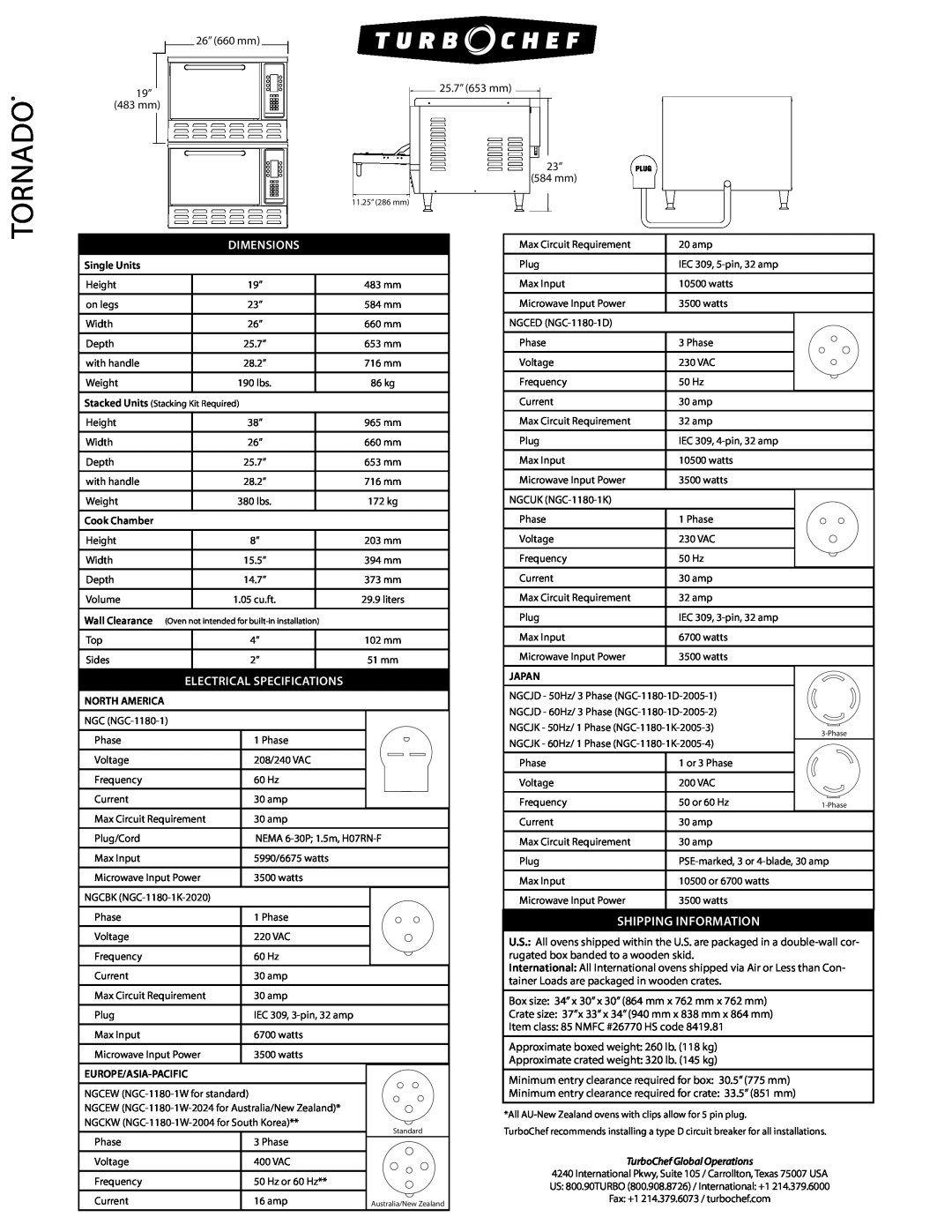 Turbo Chef Technologies Tornado 2 manual Shipping Information, Dimensions, Electrical Specifications 