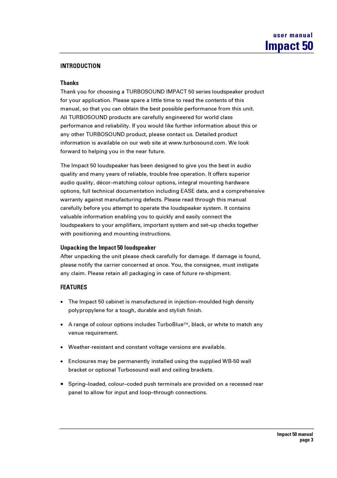 Turbosound 50T user manual Introduction, Thanks, Unpacking the Impact 50 loudspeaker, Features 