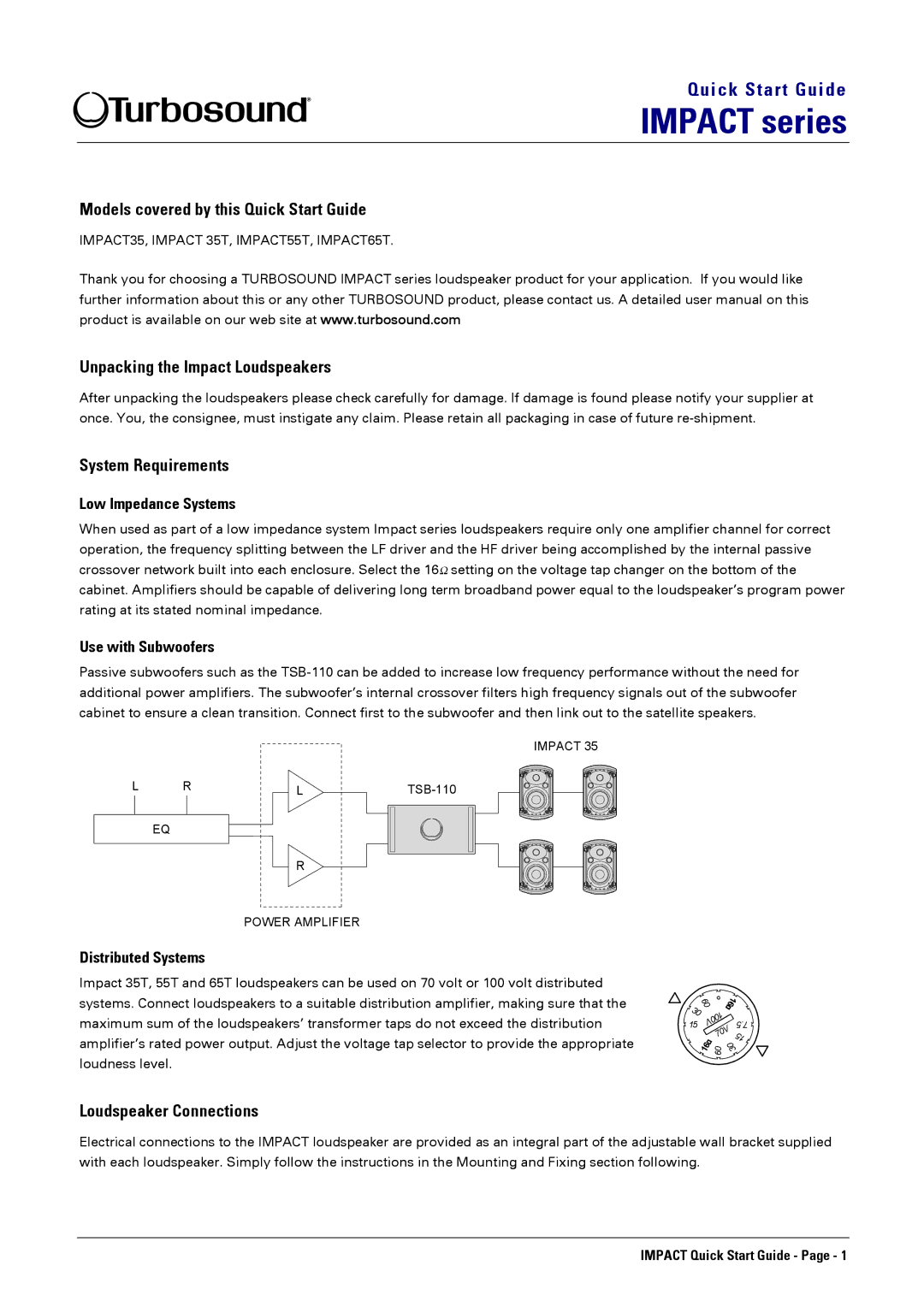 Turbosound 35T, 65T quick start Models covered by this Quick Start Guide, Unpacking the Impact Loudspeakers 