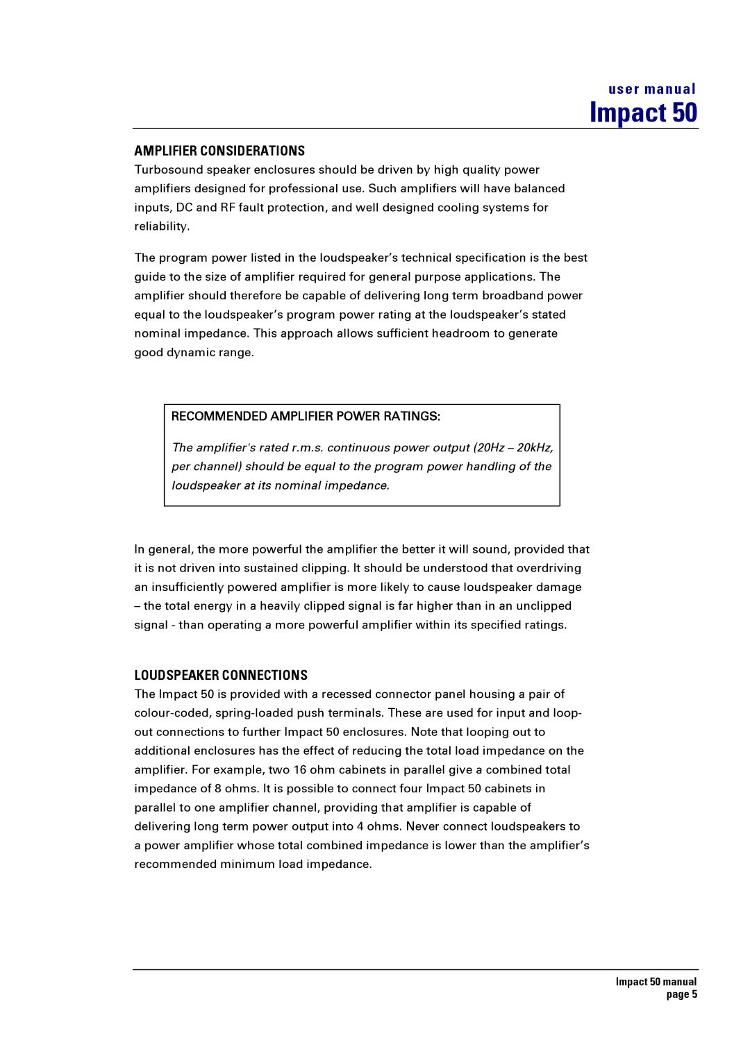 Turbosound Impact 50T, Impact 50S user manual Amplifier Considerations, Loudspeaker Connections 