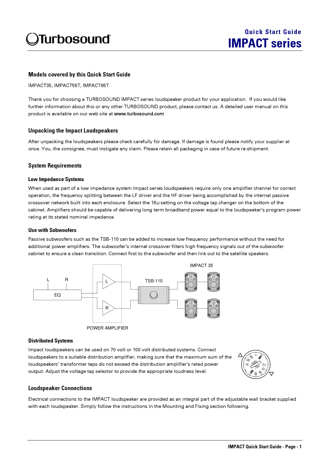 Turbosound 35 quick start Models covered by this Quick Start Guide, Unpacking the Impact Loudspeakers, System Requirements 