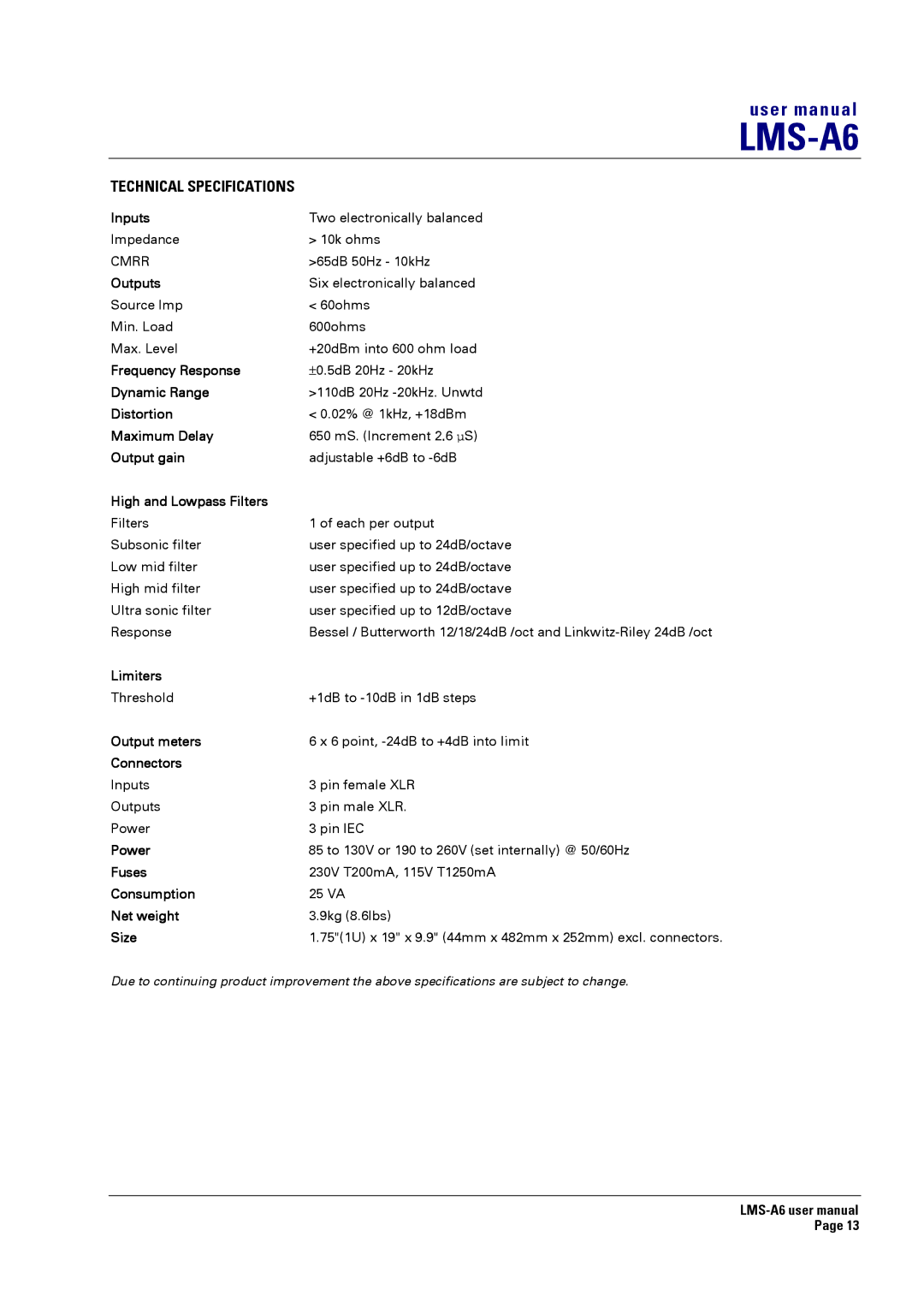 Turbosound LMS-A6 user manual Technical Specifications 