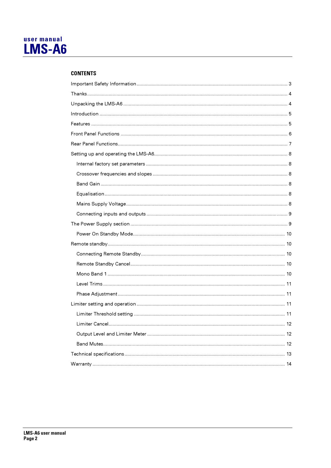 Turbosound LMS-A6 user manual Contents 