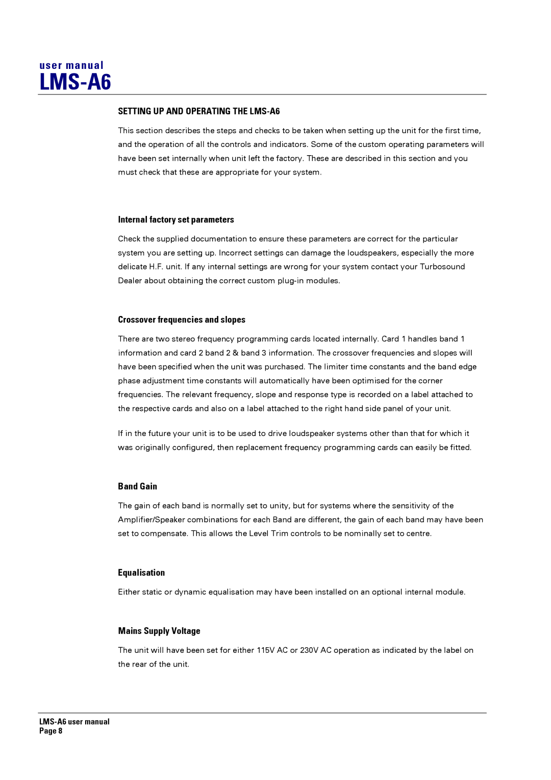 Turbosound user manual Setting UP and Operating the LMS-A6 