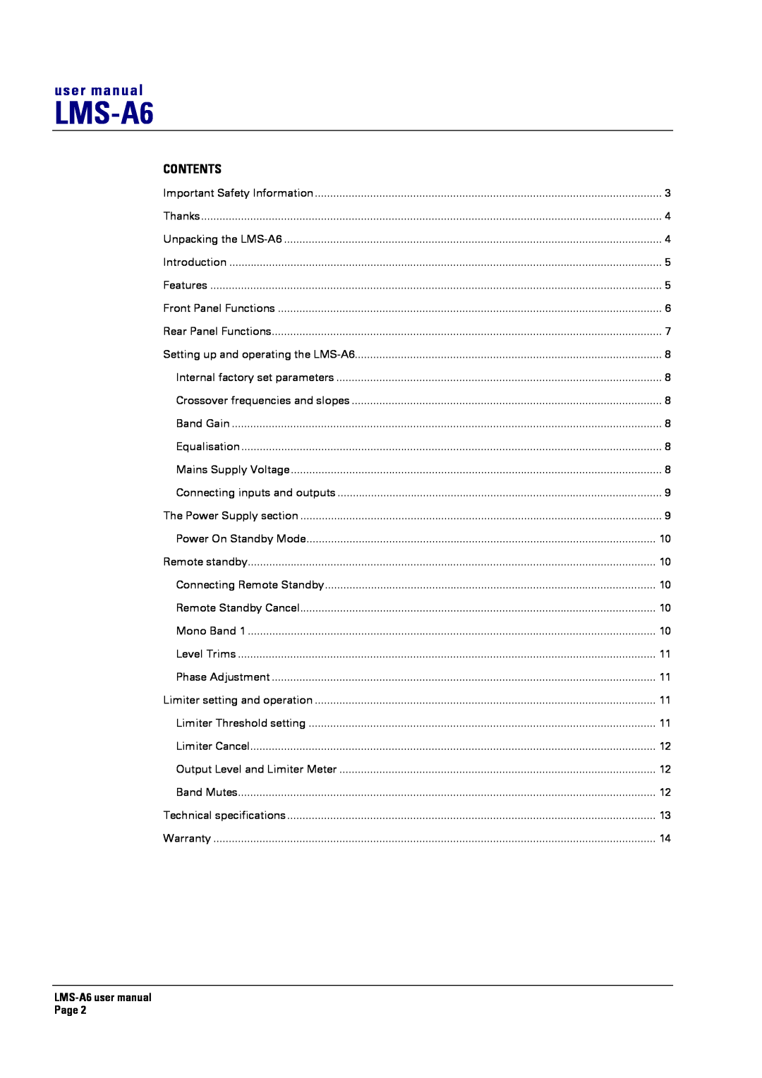 Turbosound LMS-A6 user manual Contents 