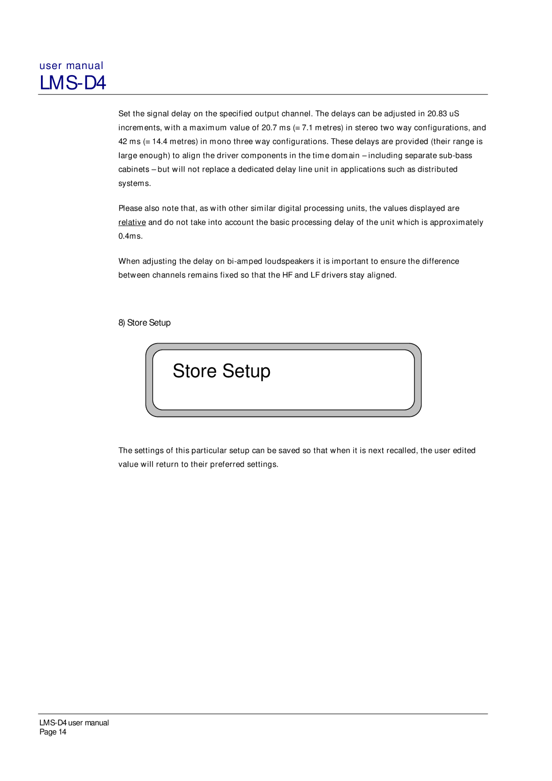 Turbosound LMS-D4 user manual Store Setup 