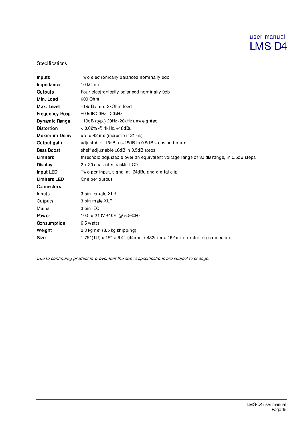 Turbosound LMS-D4 user manual Specifications, Size 