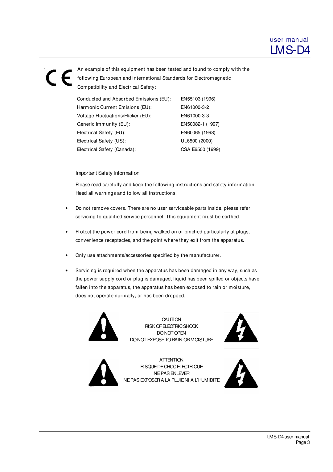 Turbosound LMS-D4 user manual Important Safety Information 