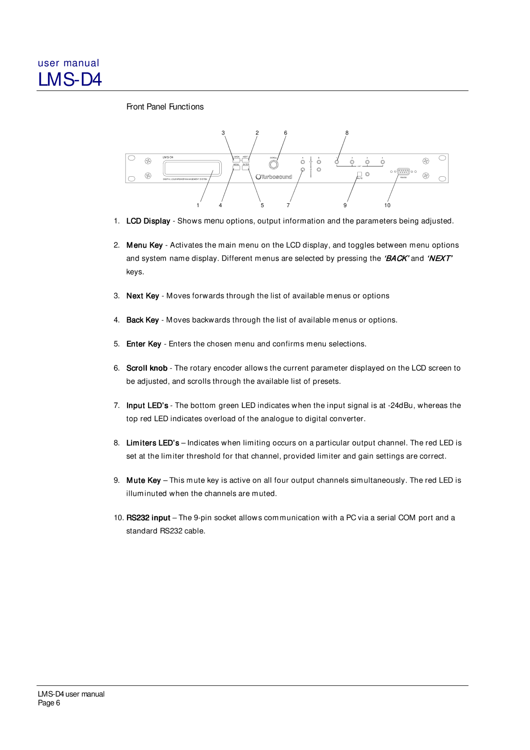 Turbosound LMS-D4 user manual Front Panel Functions 