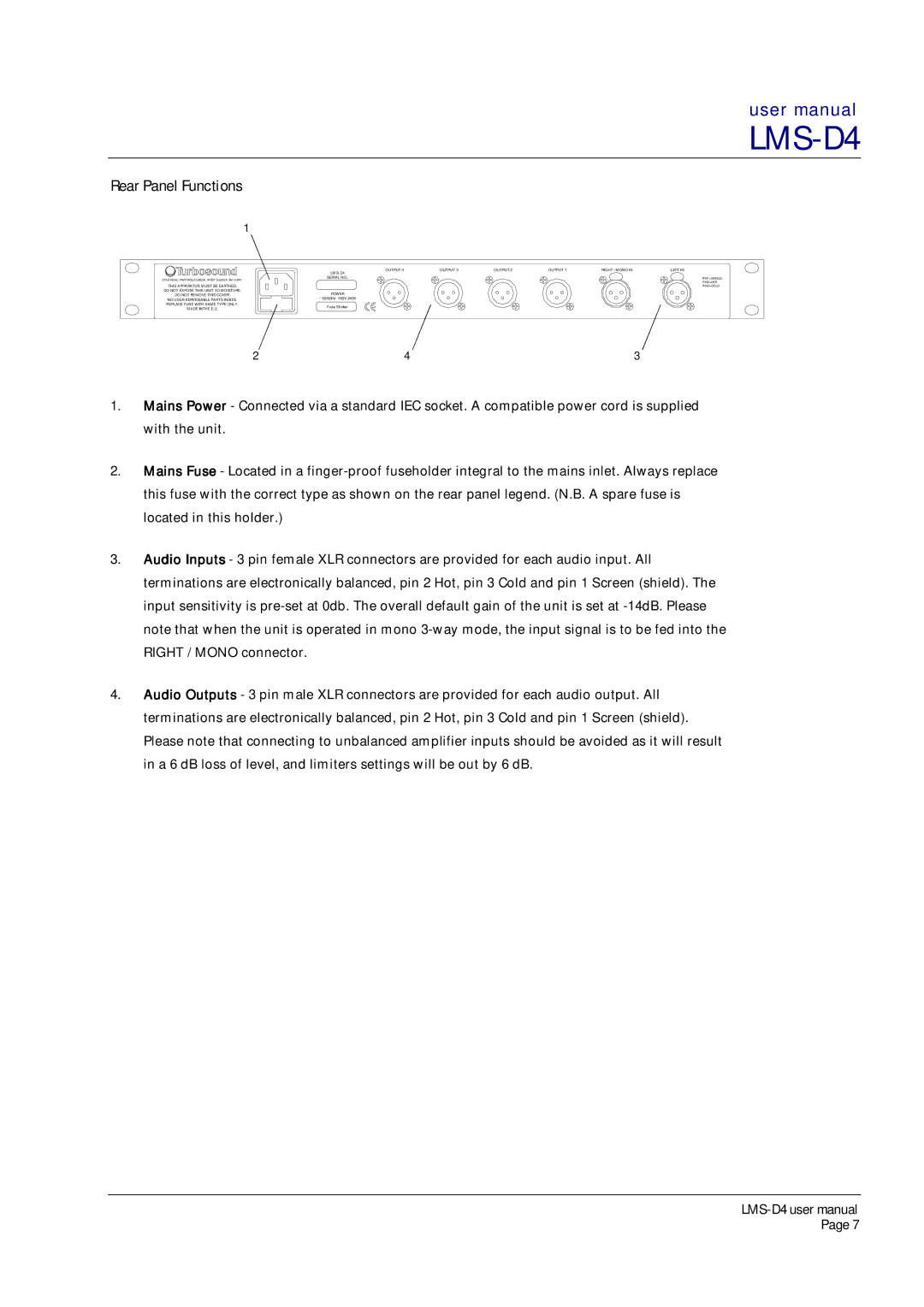 Turbosound LMS-D4 user manual Rear Panel Functions 