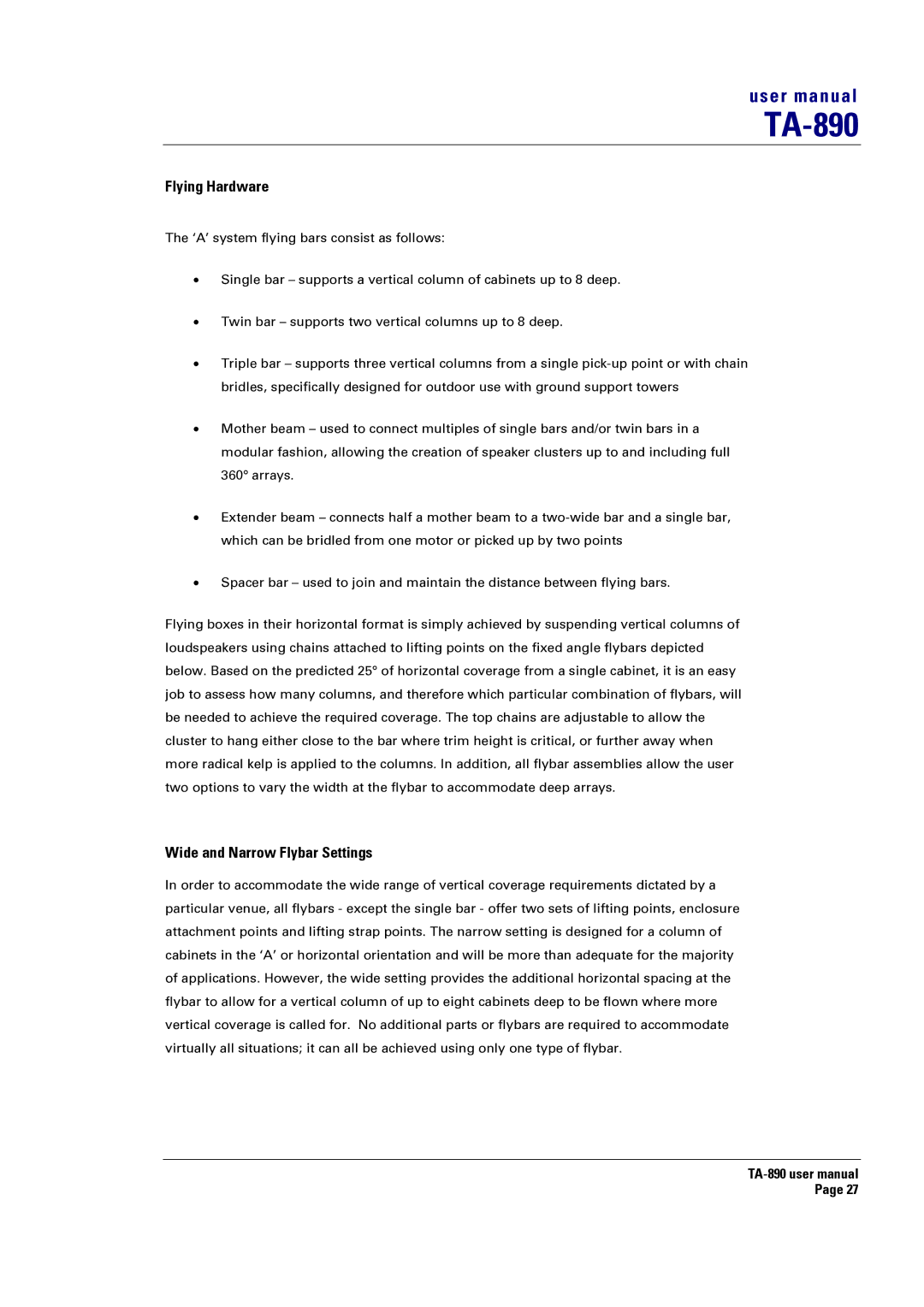 Turbosound LMS-D6, LMS-D24, LMS-D26 user manual Flying Hardware, Wide and Narrow Flybar Settings 