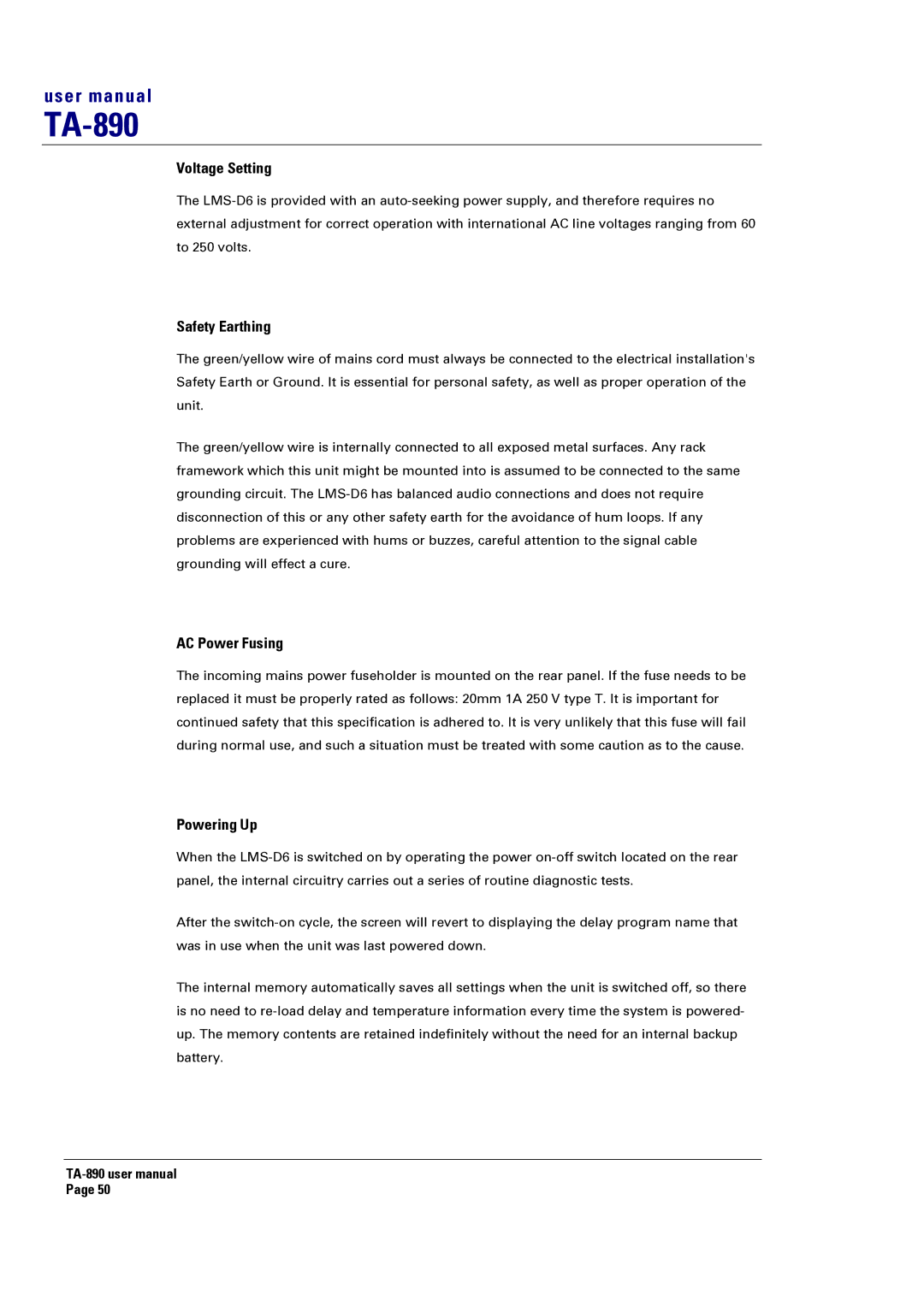 Turbosound LMS-D26, LMS-D6, LMS-D24 user manual Voltage Setting, Safety Earthing, AC Power Fusing, Powering Up 