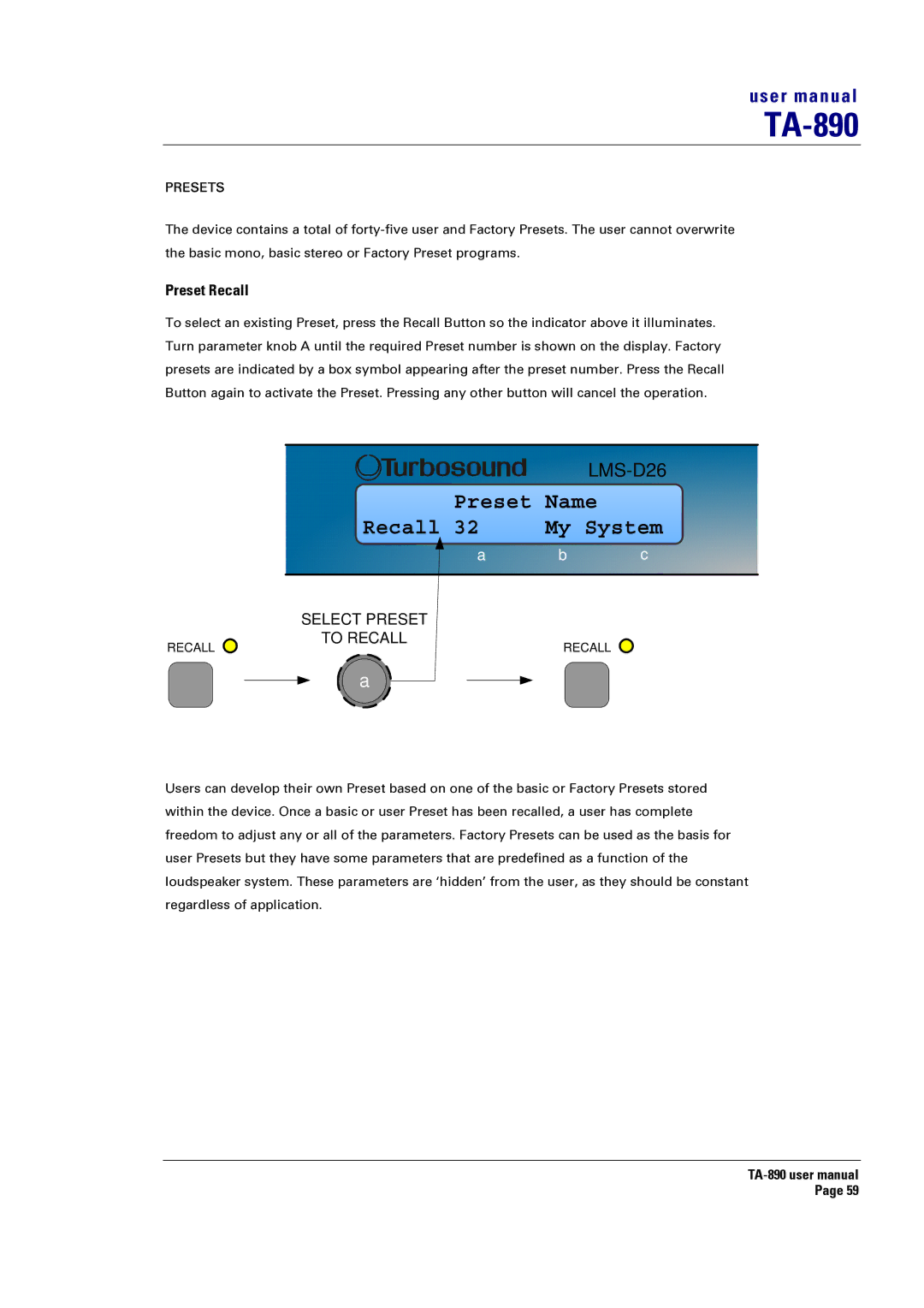 Turbosound LMS-D26, LMS-D6, LMS-D24 user manual Preset Recall, Presets 