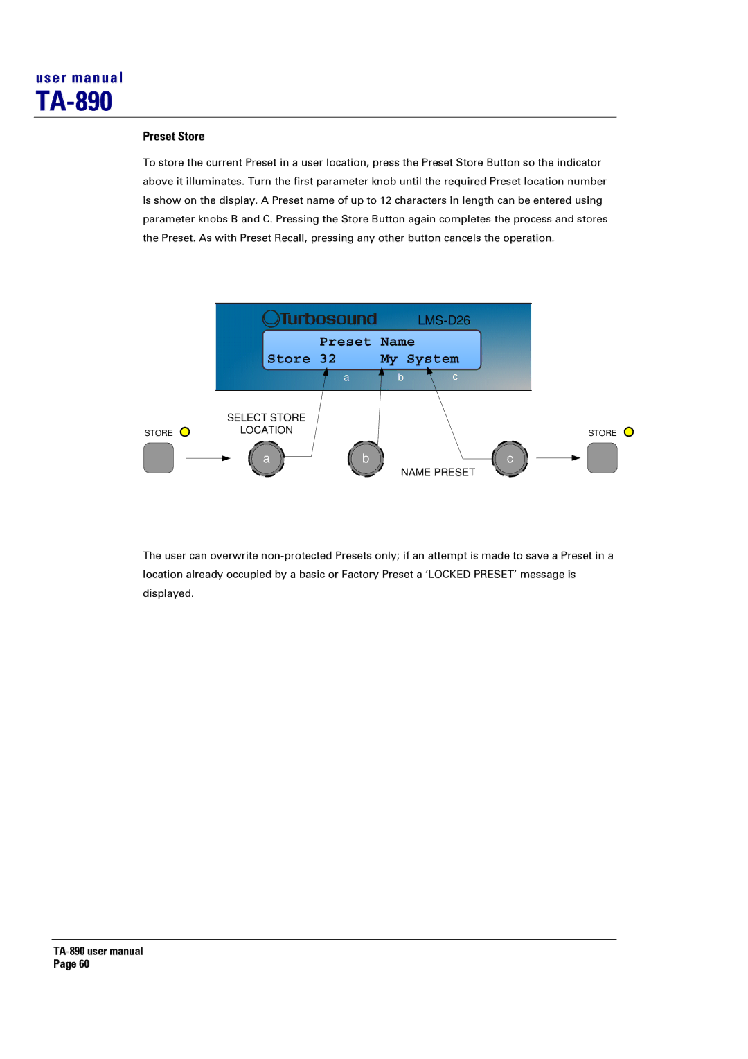 Turbosound LMS-D6, LMS-D24, LMS-D26 user manual Preset Name Store My System, Preset Store 