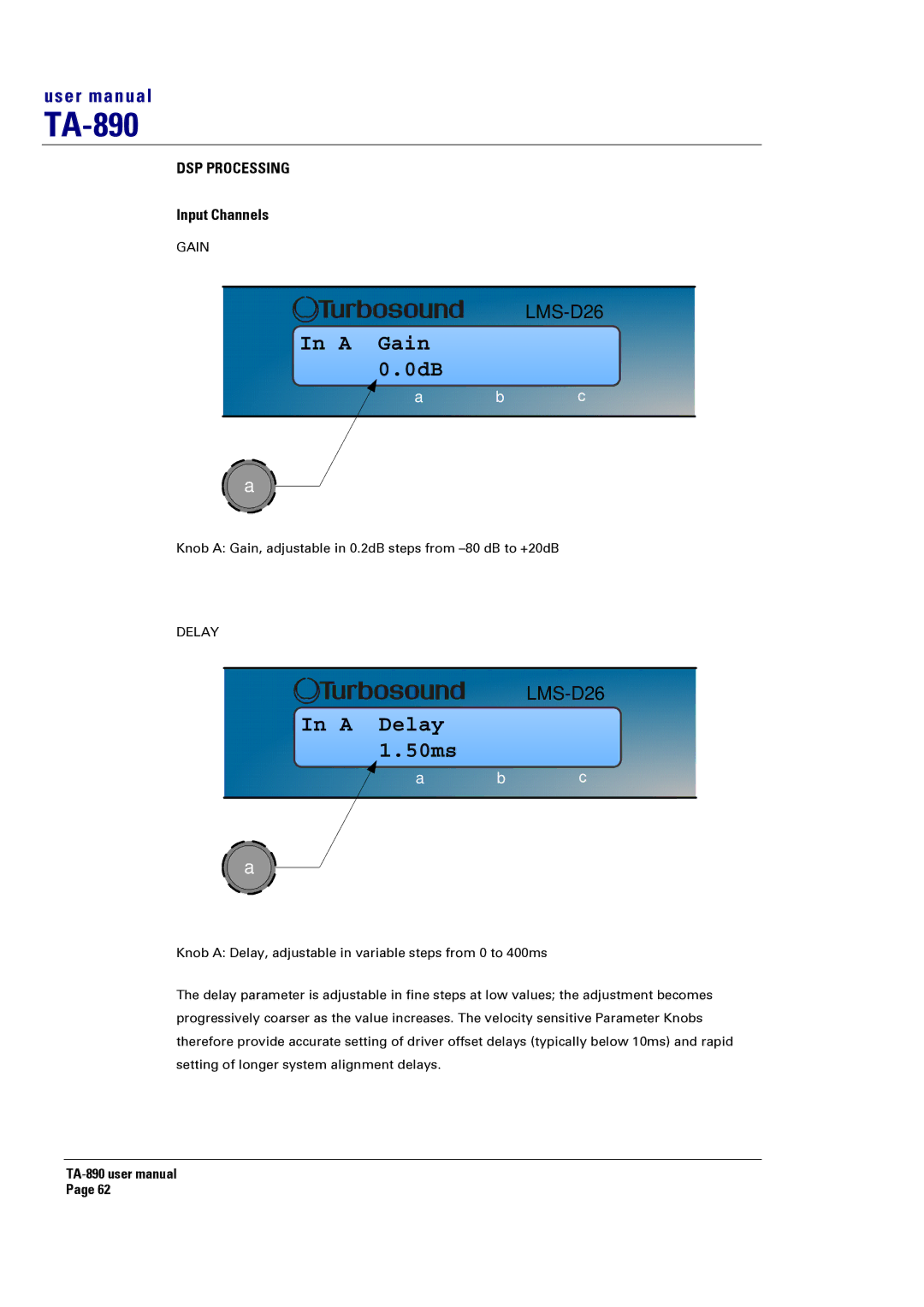 Turbosound LMS-D26, LMS-D6, LMS-D24 user manual DSP Processing, Input Channels 