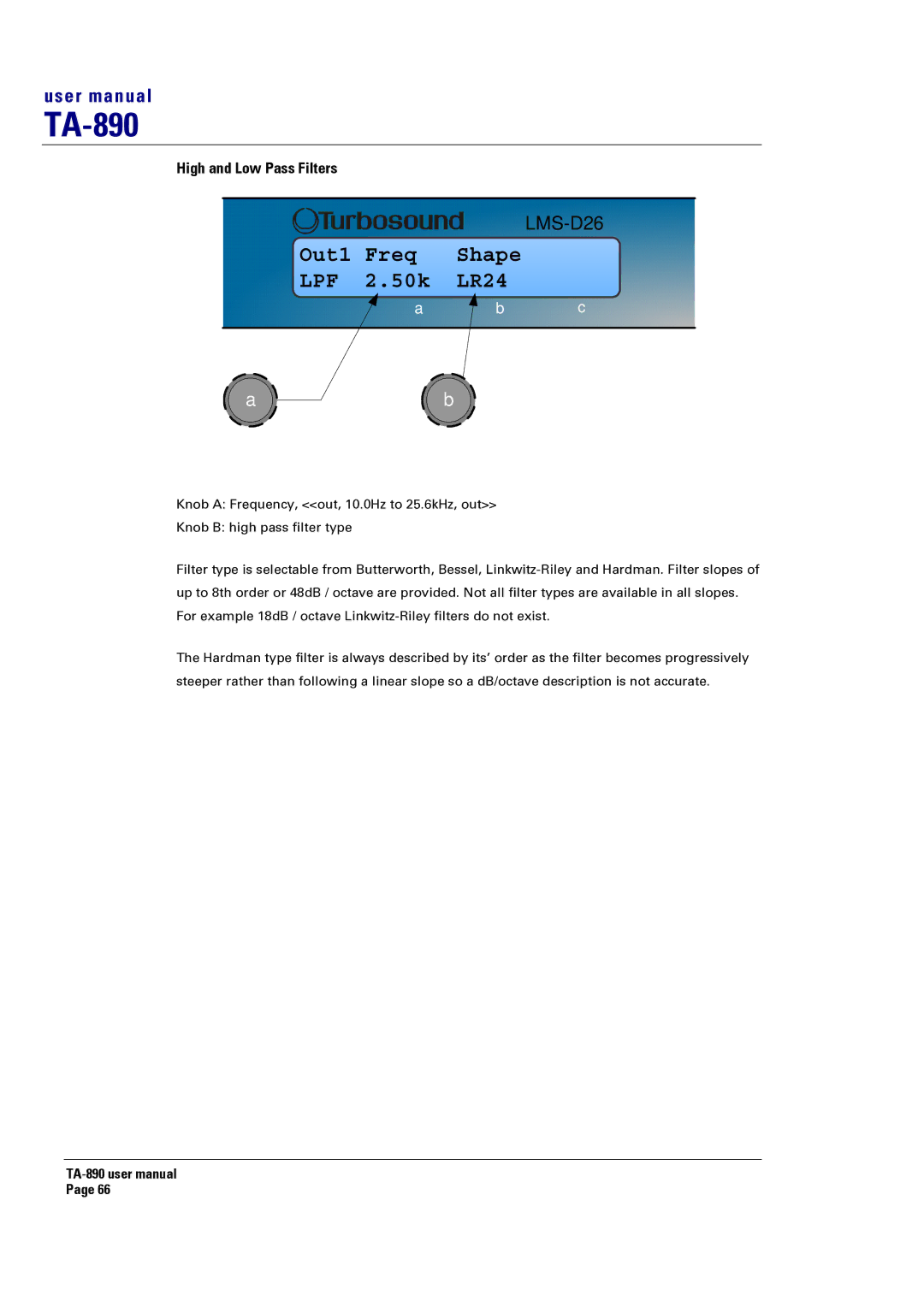 Turbosound LMS-D6, LMS-D24, LMS-D26 user manual Out1 Freq Shape LPF 2.50k LR24, High and Low Pass Filters 