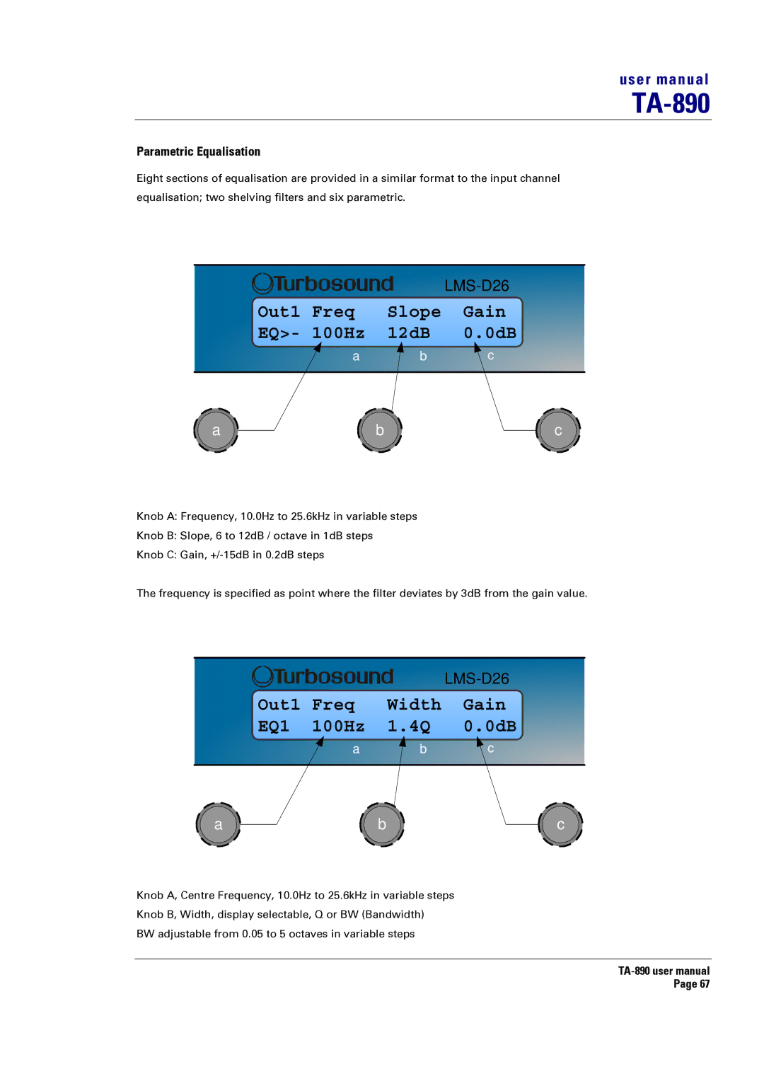 Turbosound LMS-D24, LMS-D6, LMS-D26 user manual Out1 Freq Slope Gain EQ- 100Hz 12dB 0.0dB 