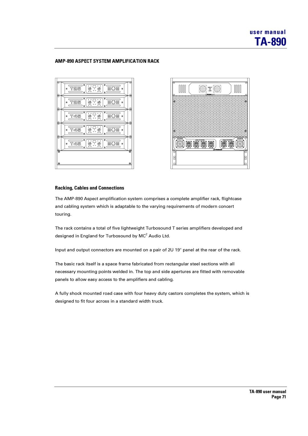 Turbosound LMS-D26, LMS-D6, LMS-D24 user manual AMP-890 Aspect System Amplification Rack, Racking, Cables and Connections 