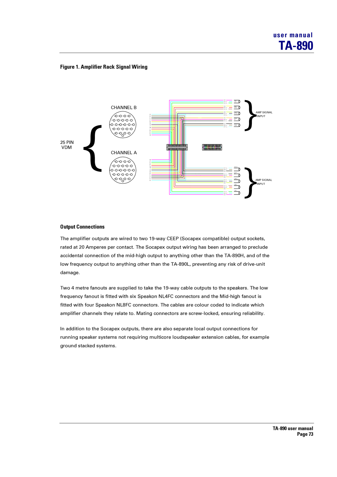 Turbosound LMS-D24, LMS-D6, LMS-D26 user manual Amplifier Rack Signal Wiring, Output Connections 