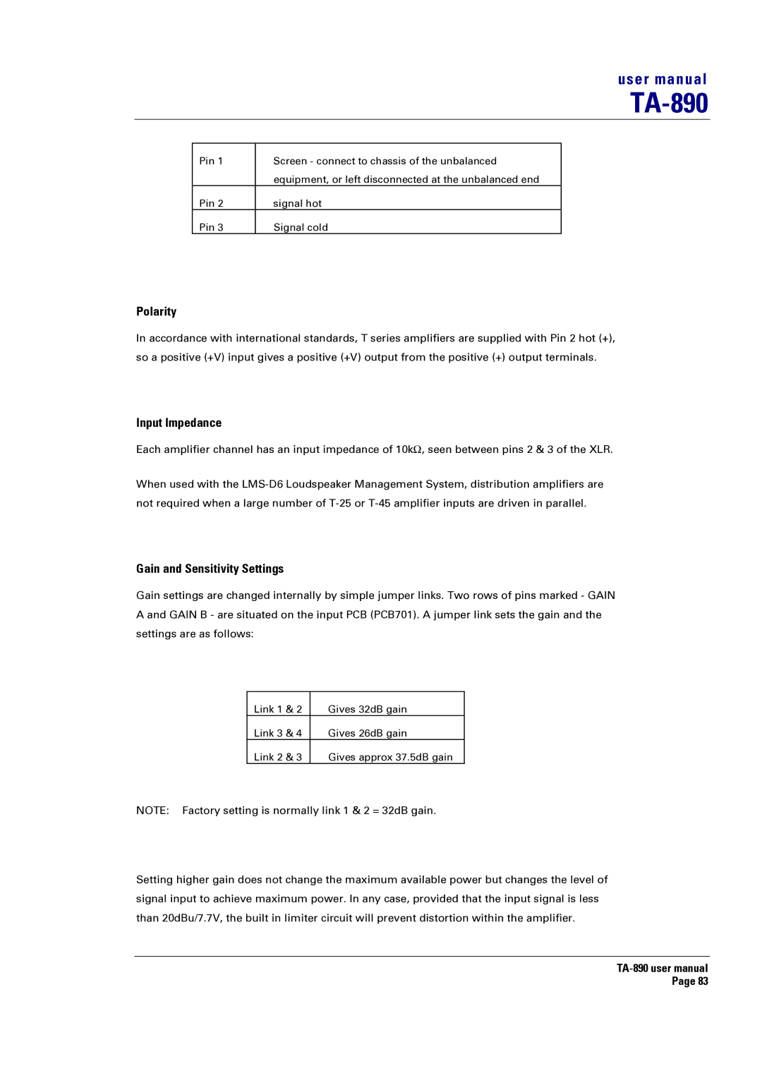 Turbosound LMS-D26, LMS-D6, LMS-D24 user manual Polarity, Input Impedance, Gain and Sensitivity Settings 