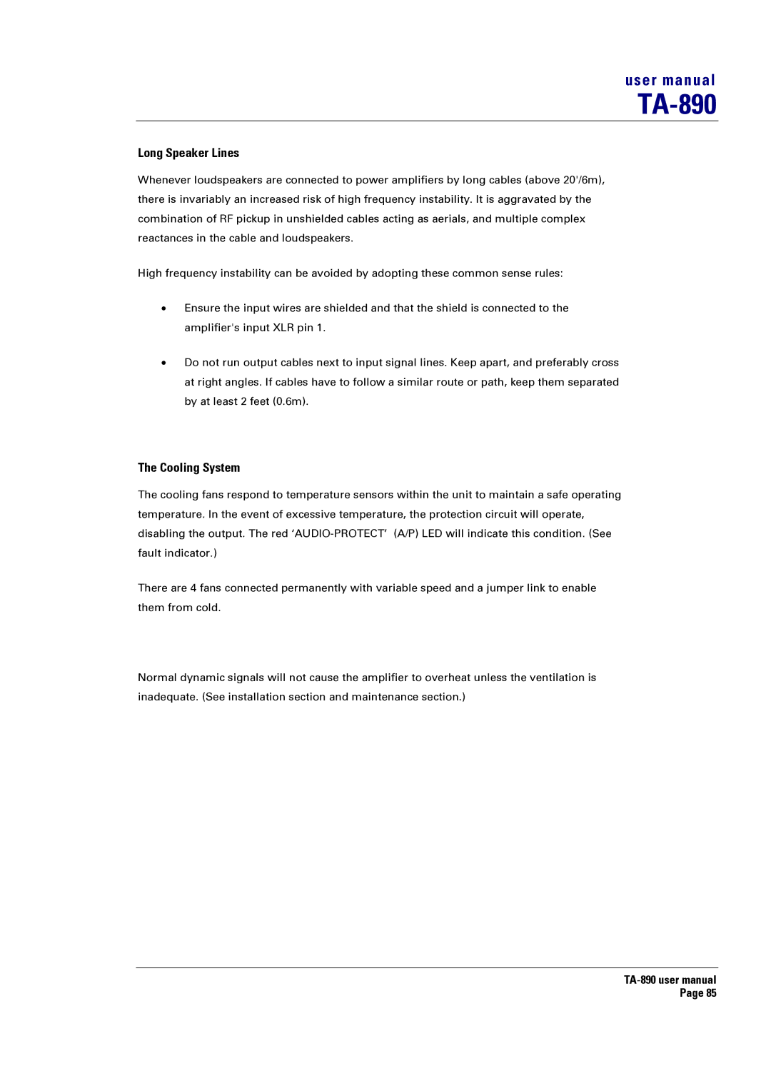 Turbosound LMS-D24, LMS-D6, LMS-D26 user manual Long Speaker Lines, Cooling System 