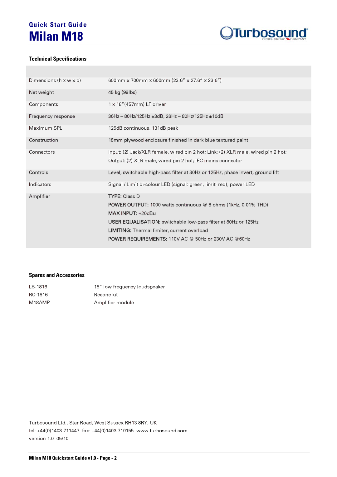 Turbosound M18 quick start Technical Specifications, Spares and Accessories, MAX Input +20dBu 