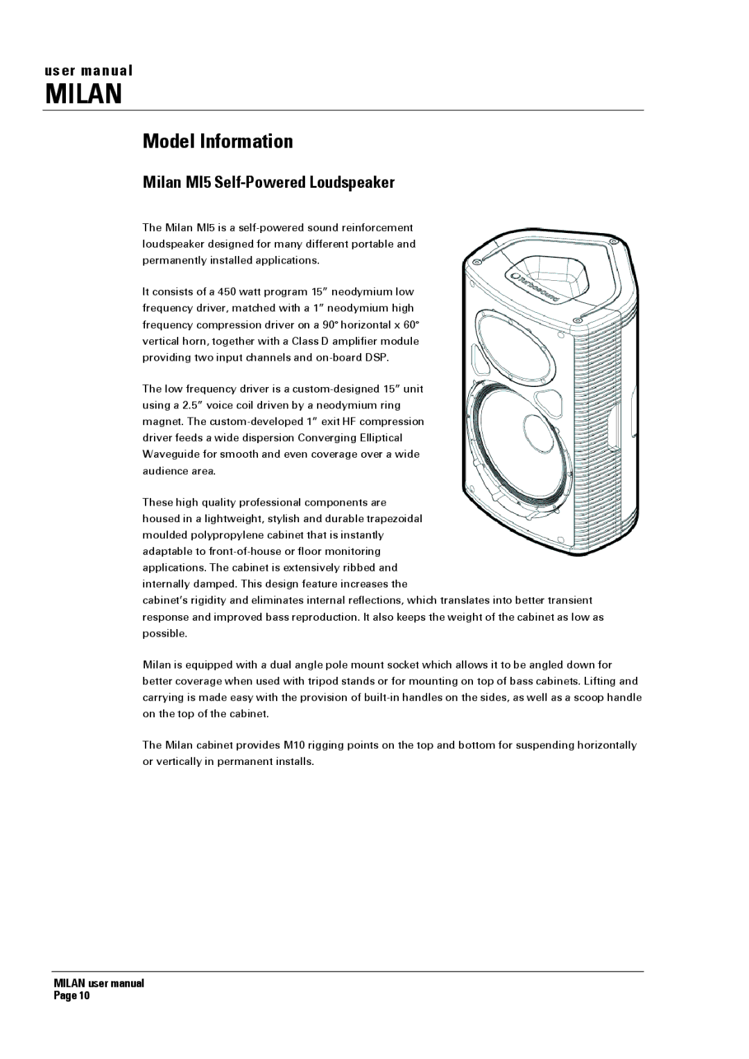 Turbosound manual Model Information, Milan MI5 Self-Powered Loudspeaker 