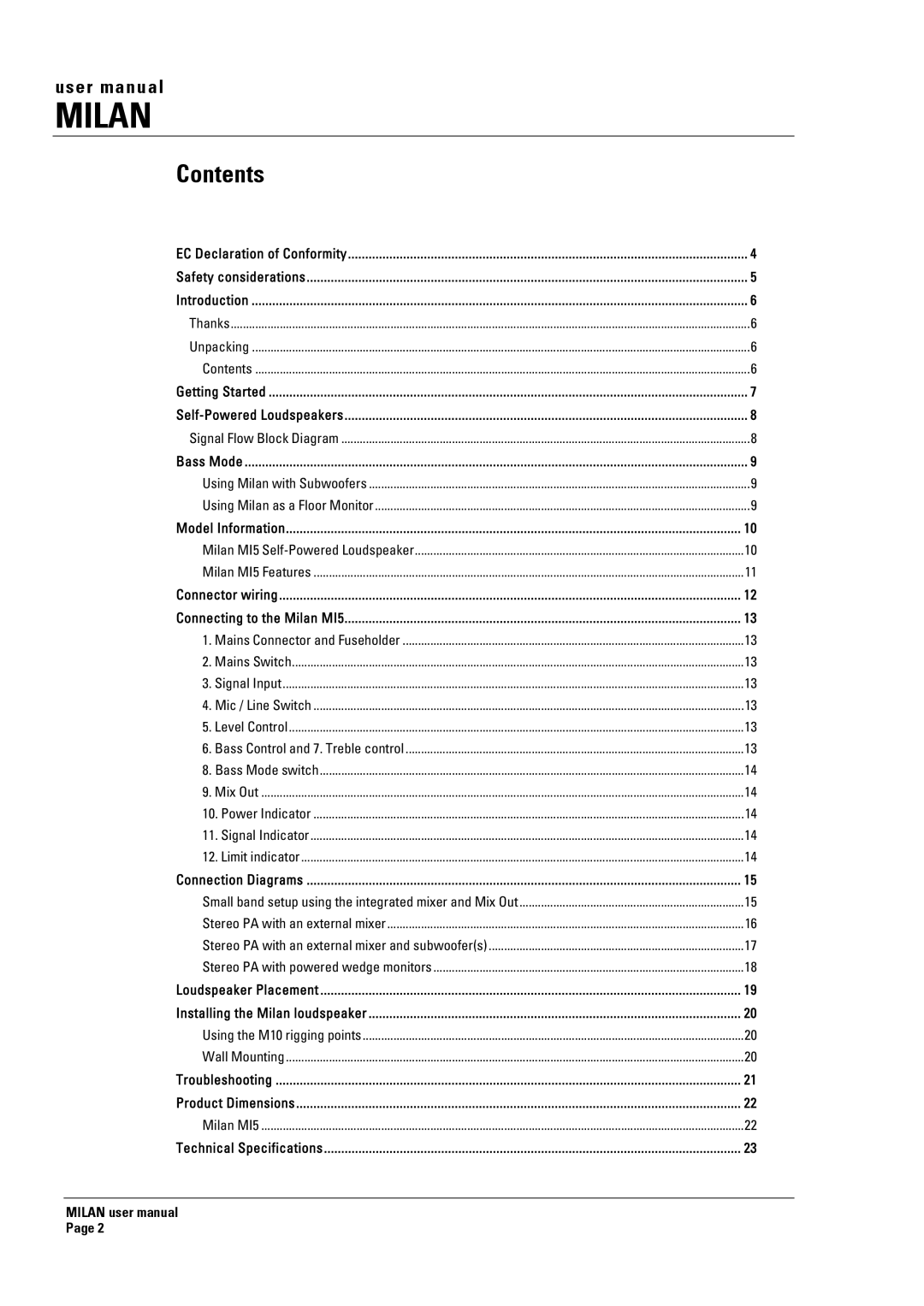 Turbosound MI5 manual Milan, Contents 