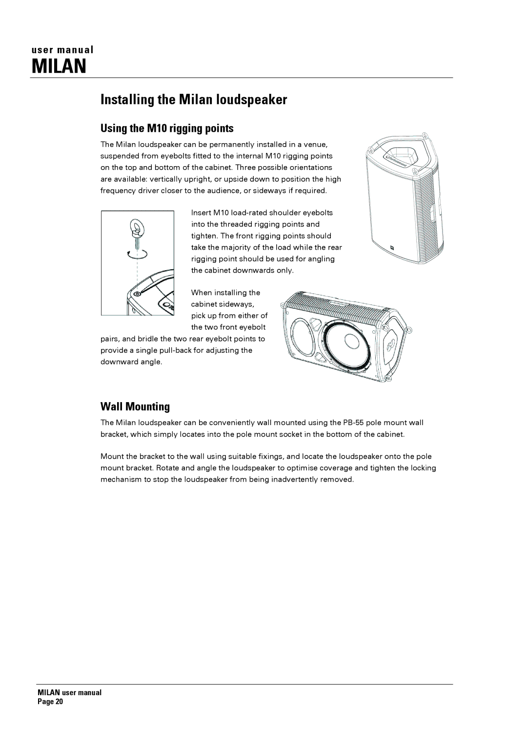 Turbosound MI5 manual Installing the Milan loudspeaker, Using the M10 rigging points, Wall Mounting 