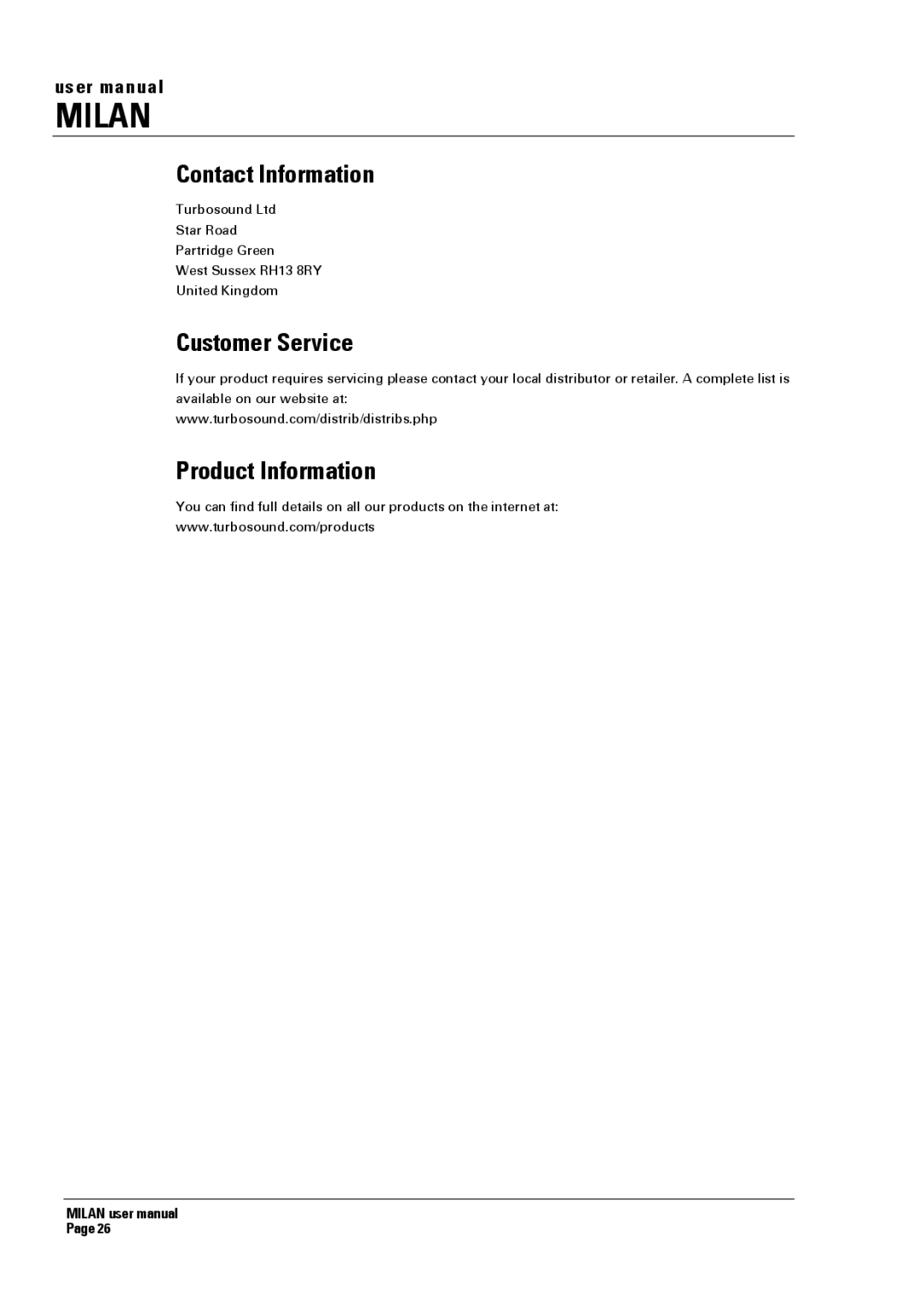 Turbosound MI5 manual Contact Information, Customer Service, Product Information 