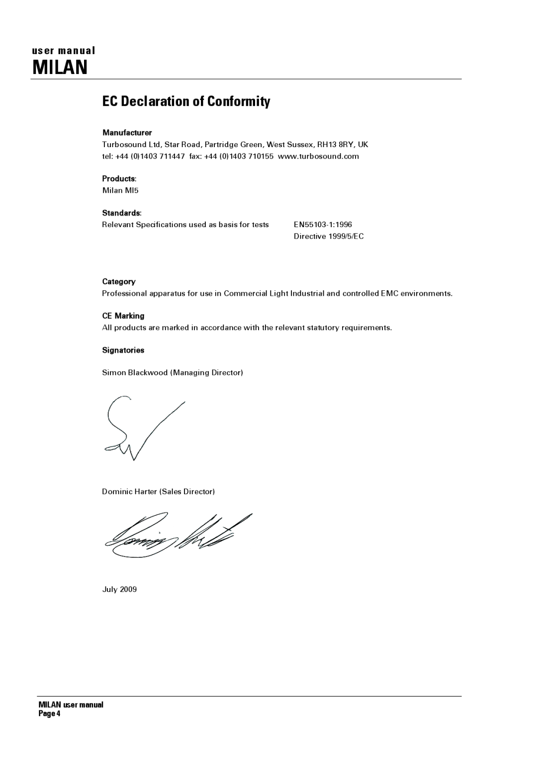 Turbosound MI5 manual EC Declaration of Conformity, Category 