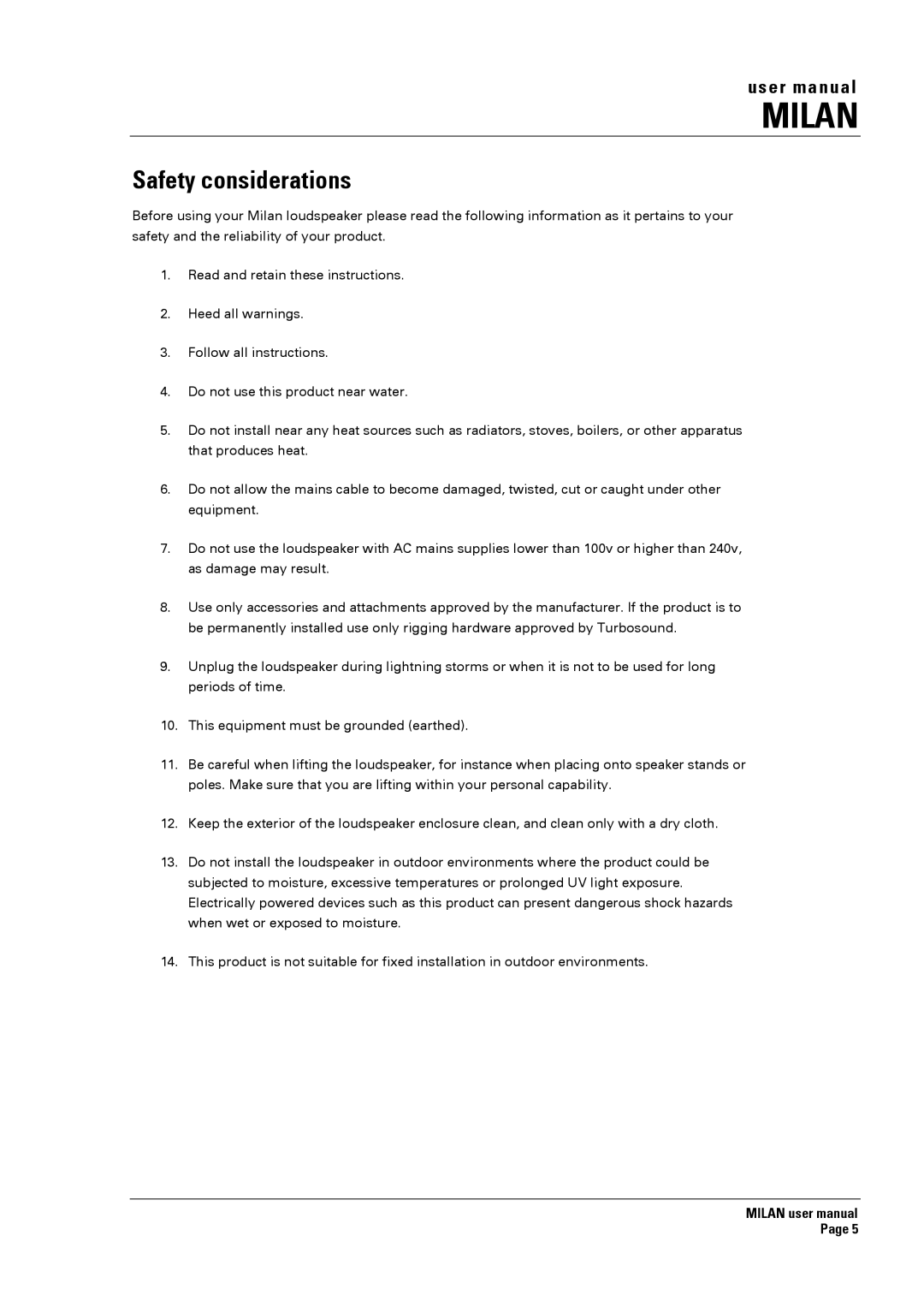 Turbosound MI5 manual Safety considerations 