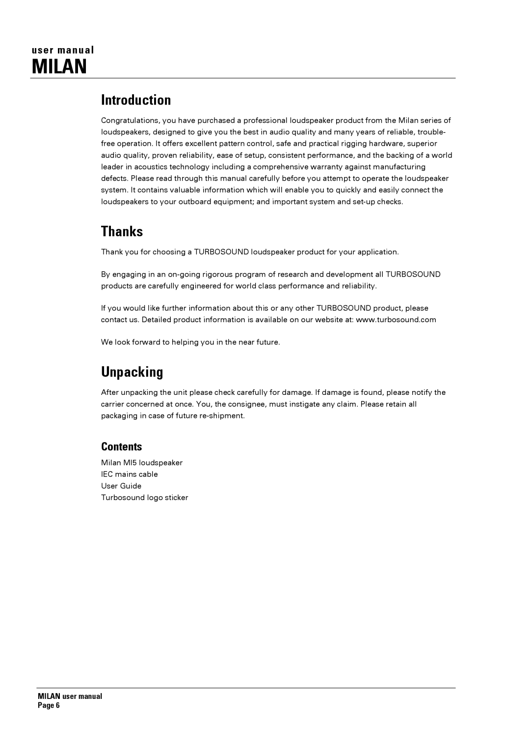 Turbosound MI5 manual Introduction, Thanks, Unpacking, Contents 