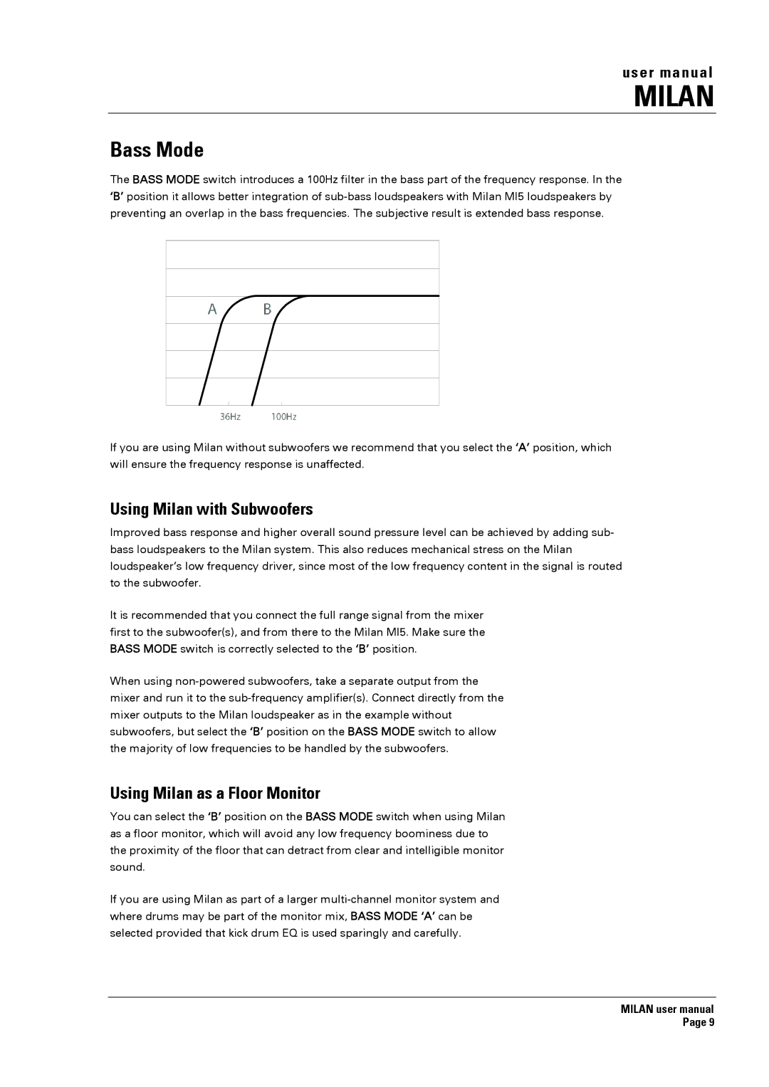 Turbosound MI5 manual Bass Mode, Using Milan with Subwoofers, Using Milan as a Floor Monitor 