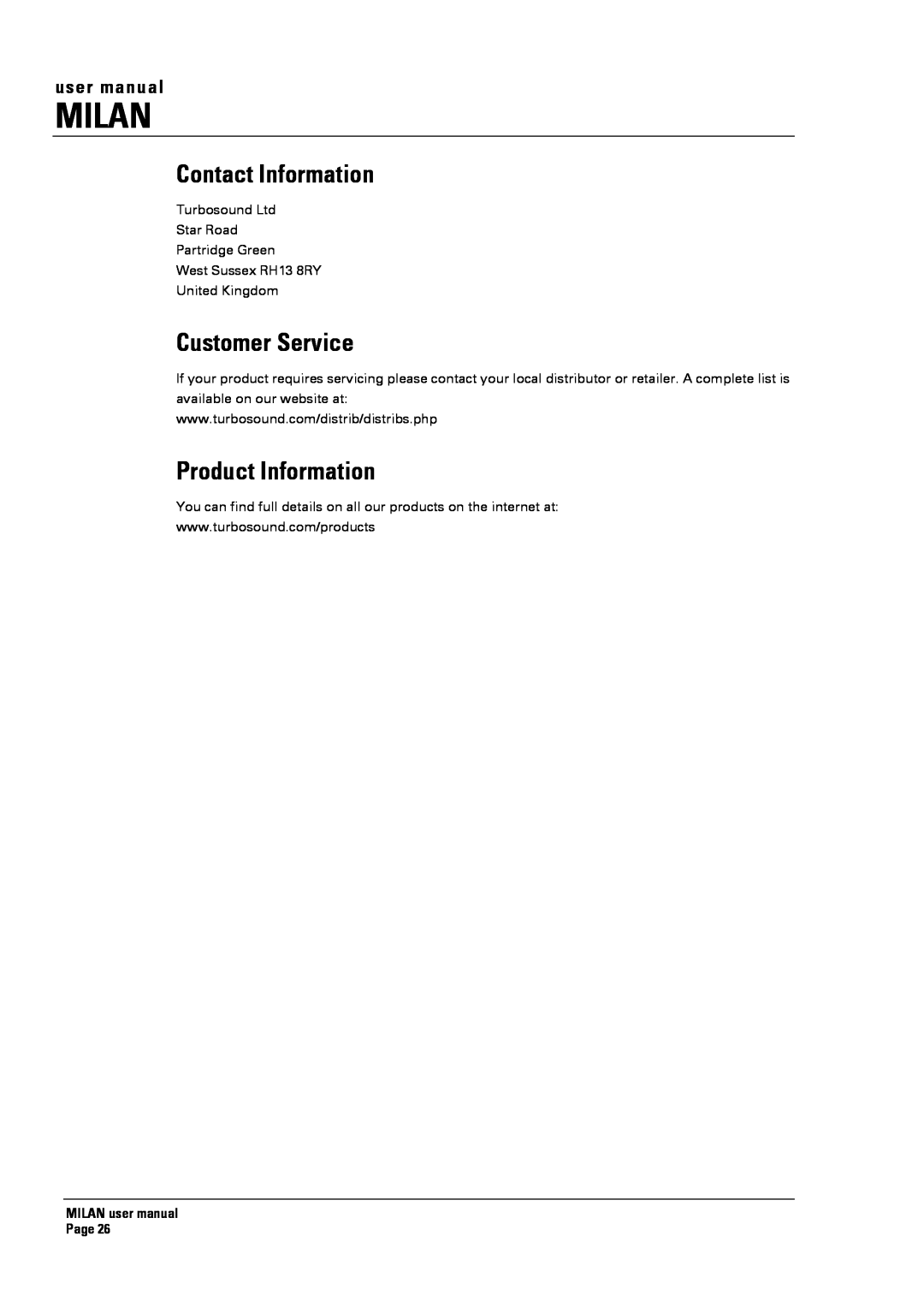 Turbosound MI5 Contact Information, Customer Service, Product Information, Milan, MILAN user manual Page 