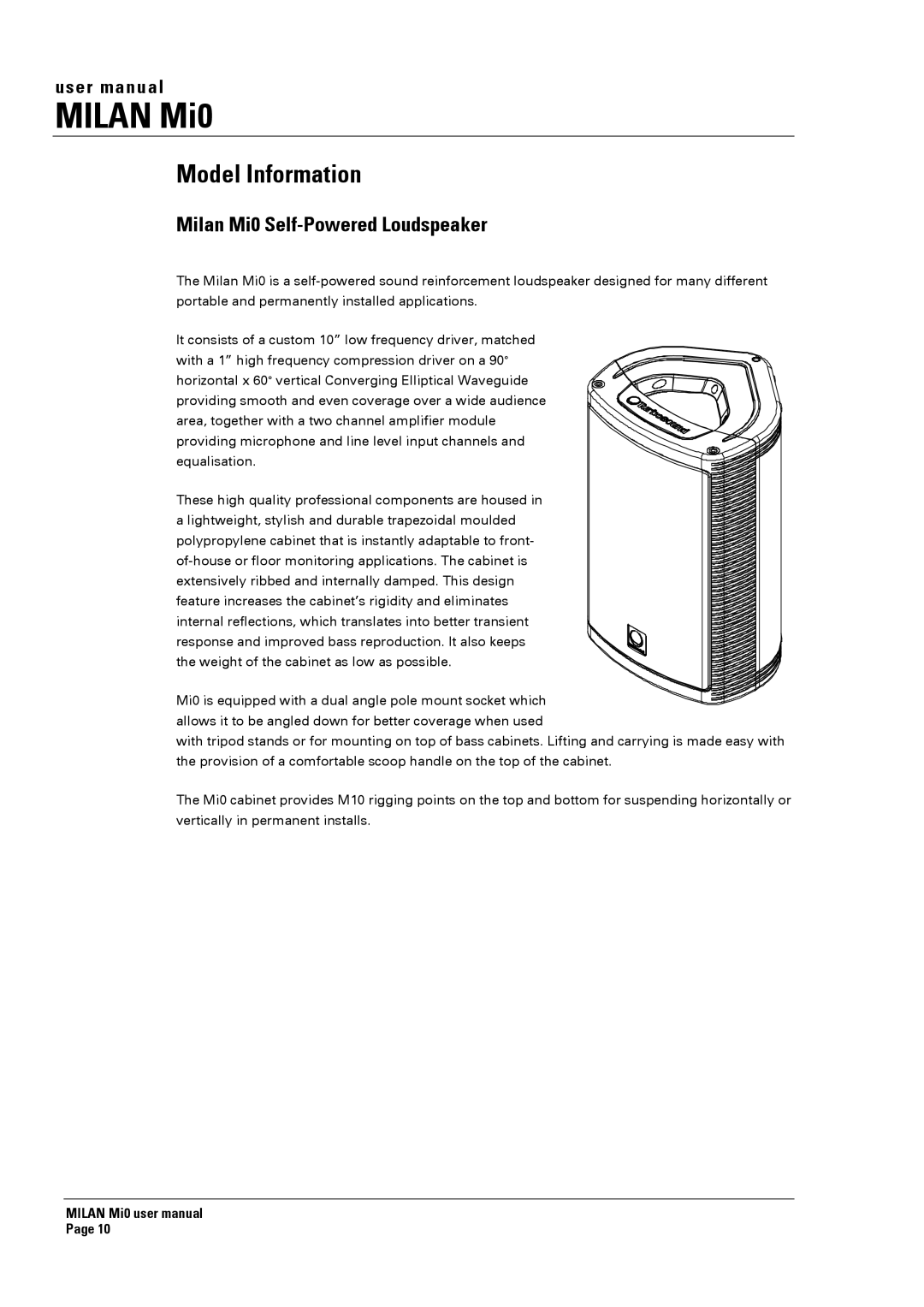 Turbosound manual Model Information, Milan Mi0 Self-Powered Loudspeaker 