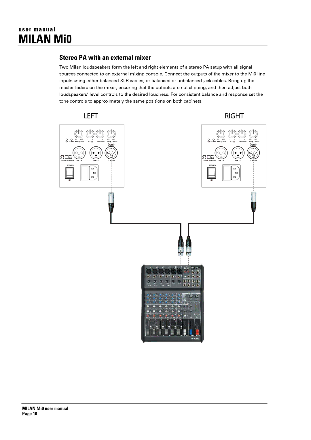 Turbosound Milan Mi0 manual Left Right, Stereo PA with an external mixer 