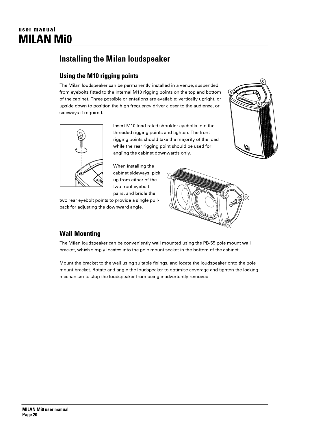 Turbosound Milan Mi0 manual Installing the Milan loudspeaker, Using the M10 rigging points, Wall Mounting 