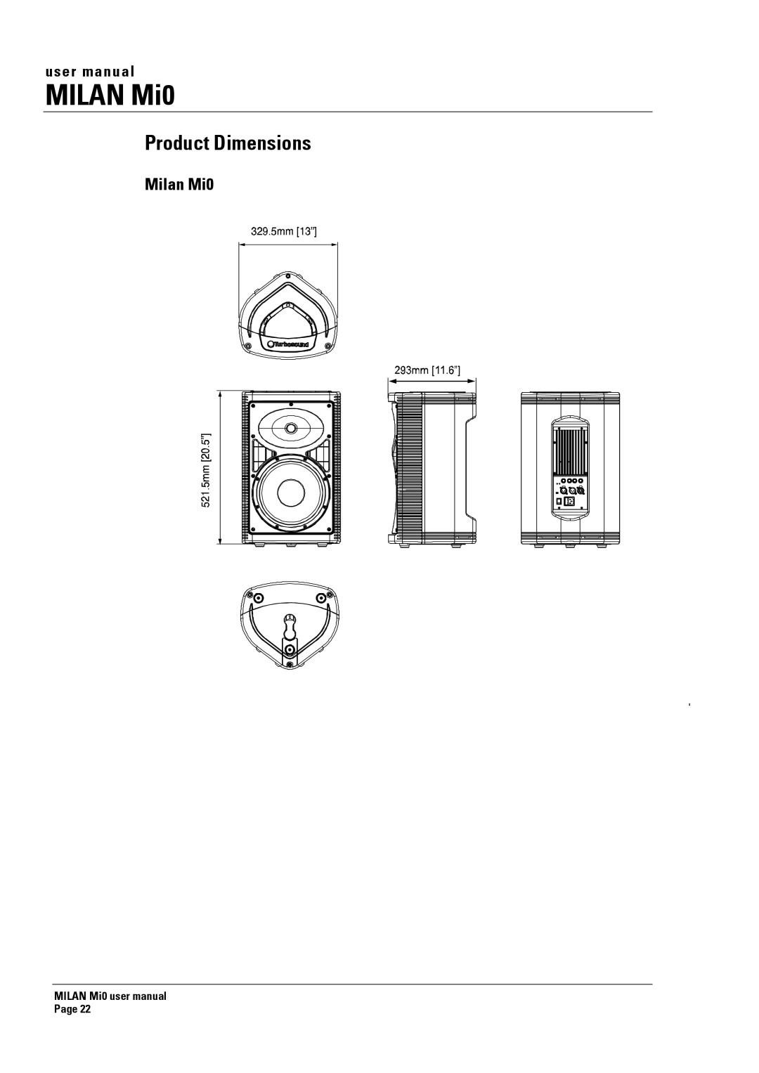 Turbosound Milan Mi0 manual Product Dimensions 