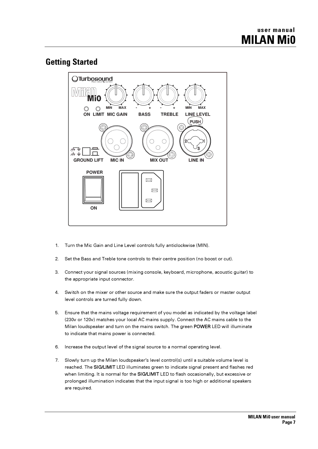 Turbosound Milan Mi0 manual Getting Started 