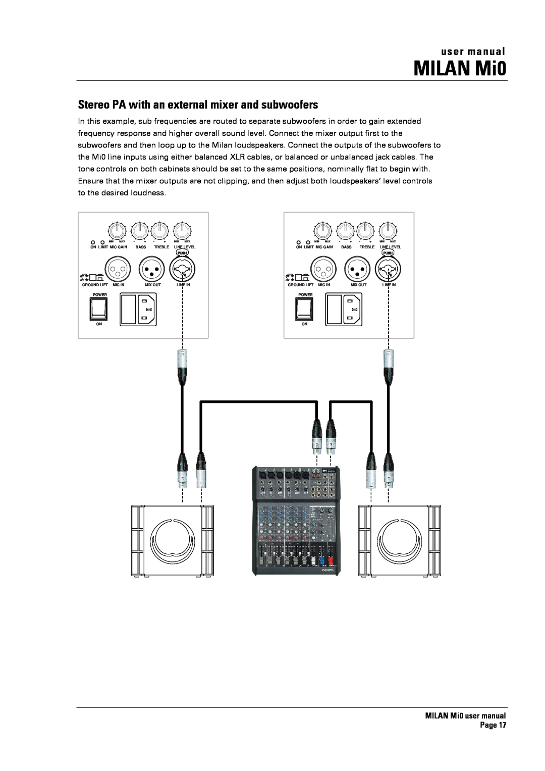 Turbosound Milan Mi0 manual Stereo PA with an external mixer and subwoofers, MILAN Mi0 