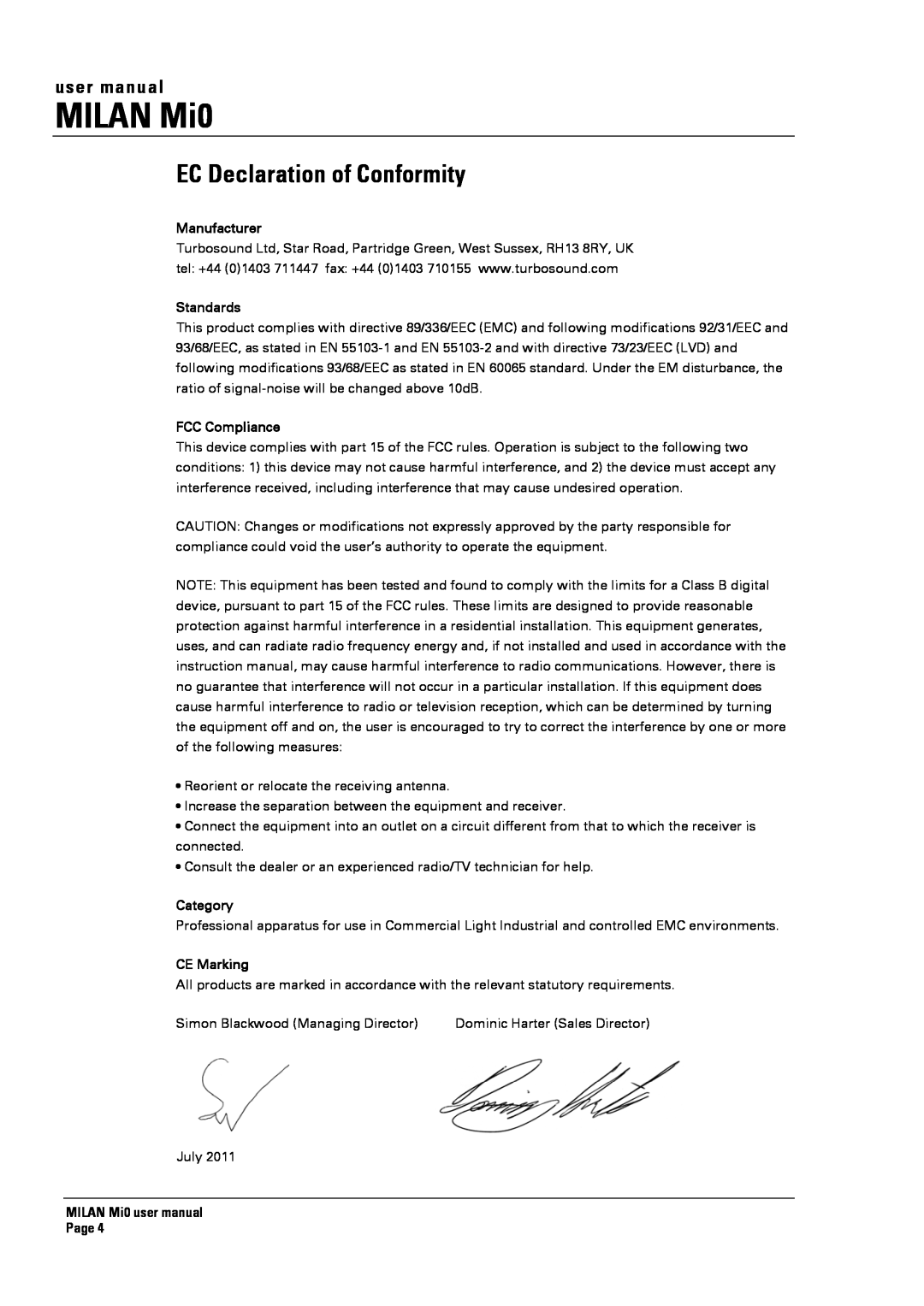 Turbosound Milan Mi0 manual EC Declaration of Conformity, Manufacturer, Standards, FCC Compliance, Category, CE Marking 