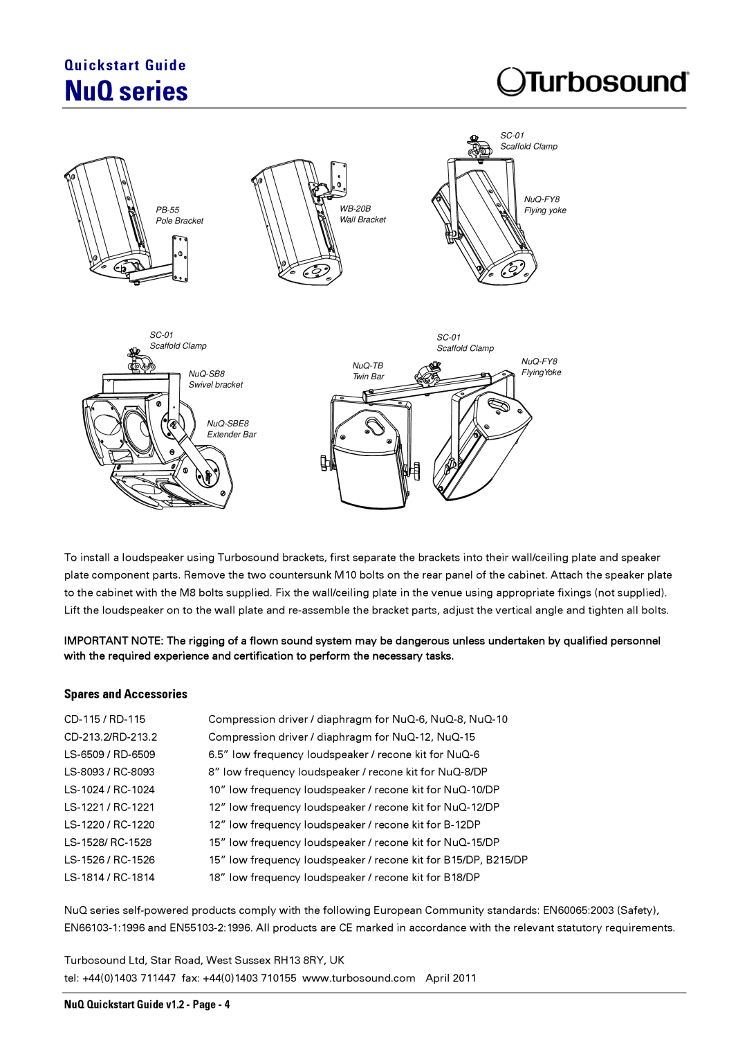 Turbosound NUQ-8/DP, NUQ-12/DP, NUQ-10/DP, NUQ-6, B-12DP, B-18/DP, B-15/DP, NUQ-15/DP quick start Spares and Accessories 