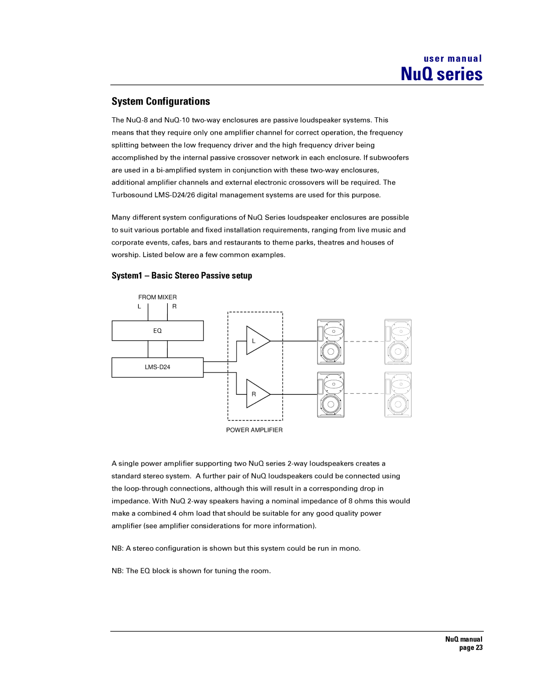 Turbosound NuQ SERIES user manual System Configurations, System1 Basic Stereo Passive setup 