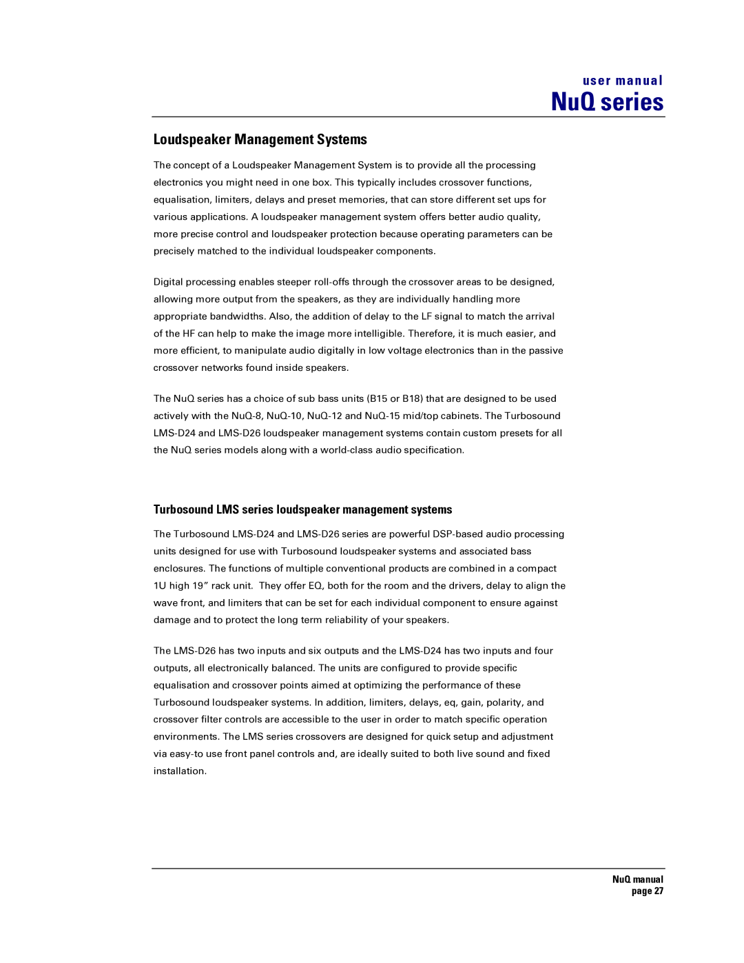 Turbosound NuQ SERIES user manual Loudspeaker Management Systems, Turbosound LMS series loudspeaker management systems 