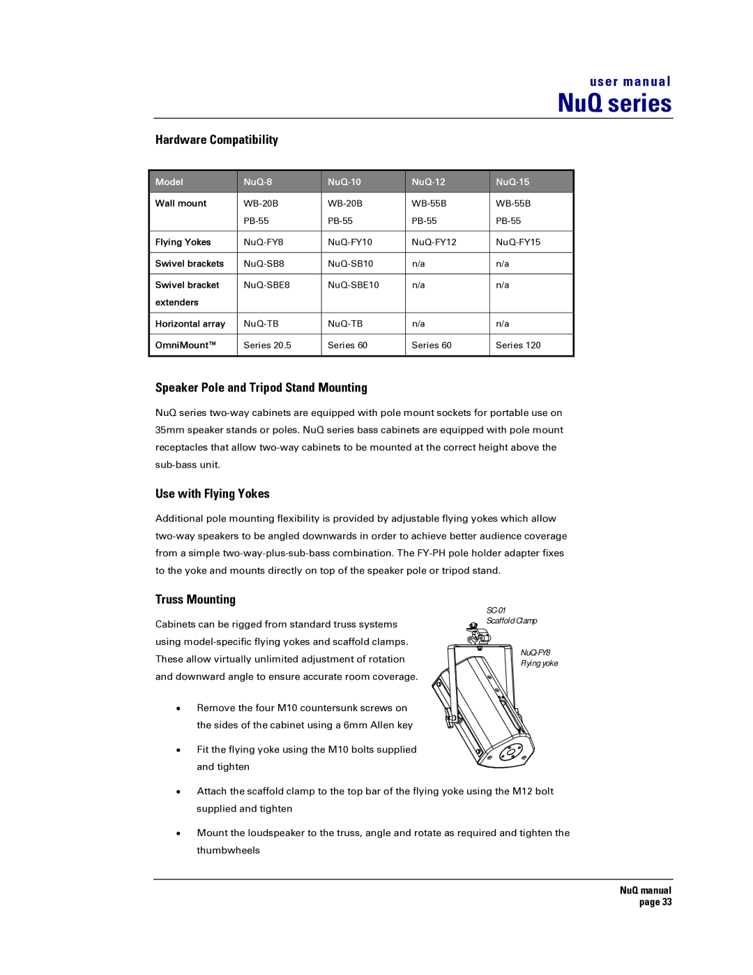 Turbosound NuQ SERIES user manual Hardware Compatibility, Speaker Pole and Tripod Stand Mounting, Use with Flying Yokes 