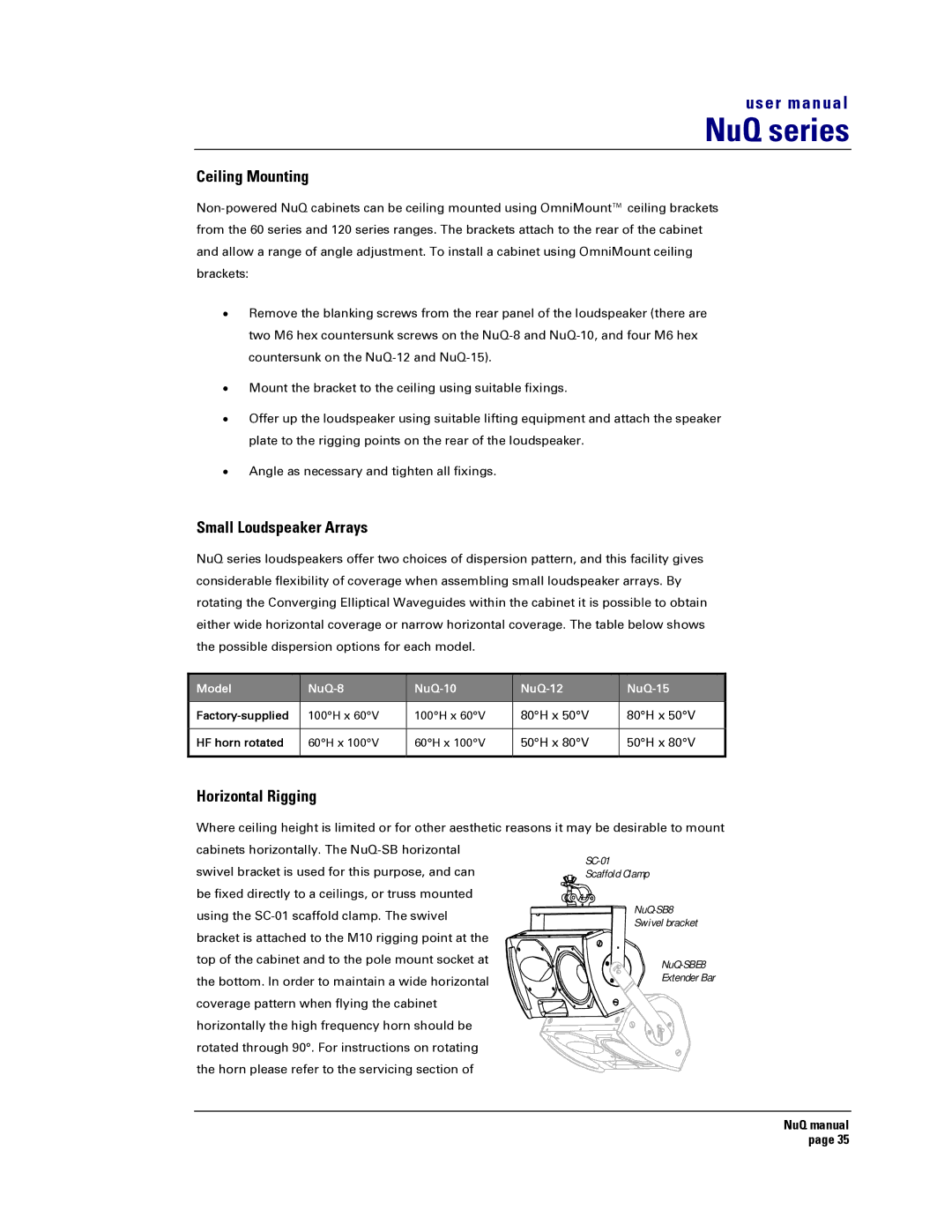 Turbosound NuQ SERIES user manual Ceiling Mounting, Small Loudspeaker Arrays, Horizontal Rigging 