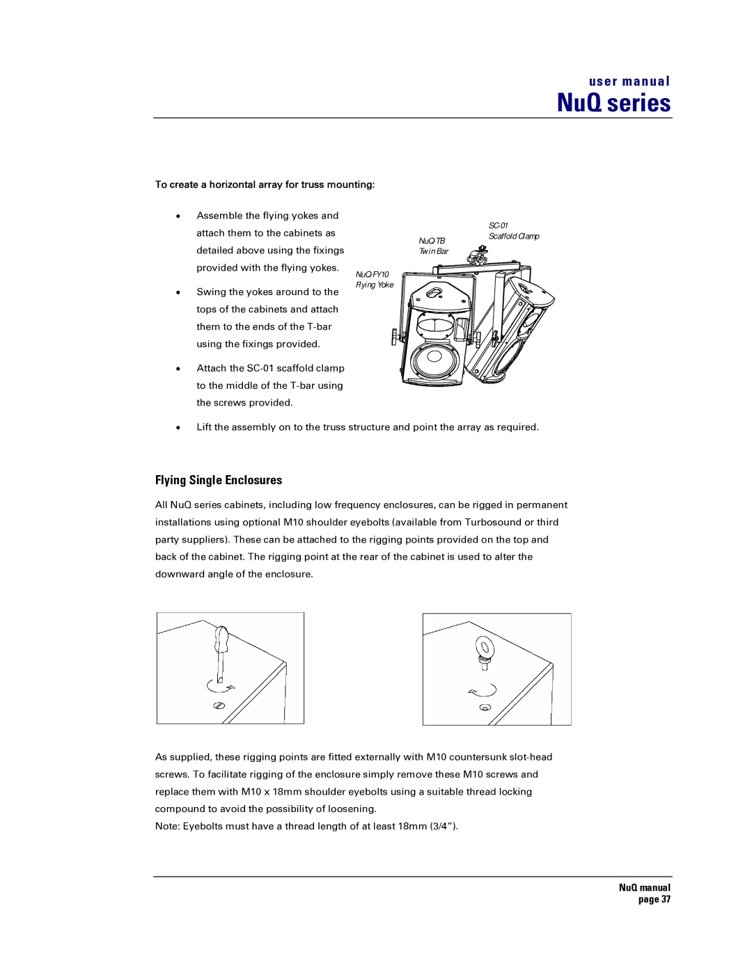 Turbosound NuQ SERIES user manual Flying Single Enclosures, To create a horizontal array for truss mounting 