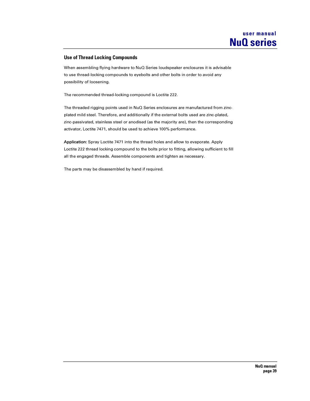 Turbosound NuQ SERIES user manual Use of Thread Locking Compounds 